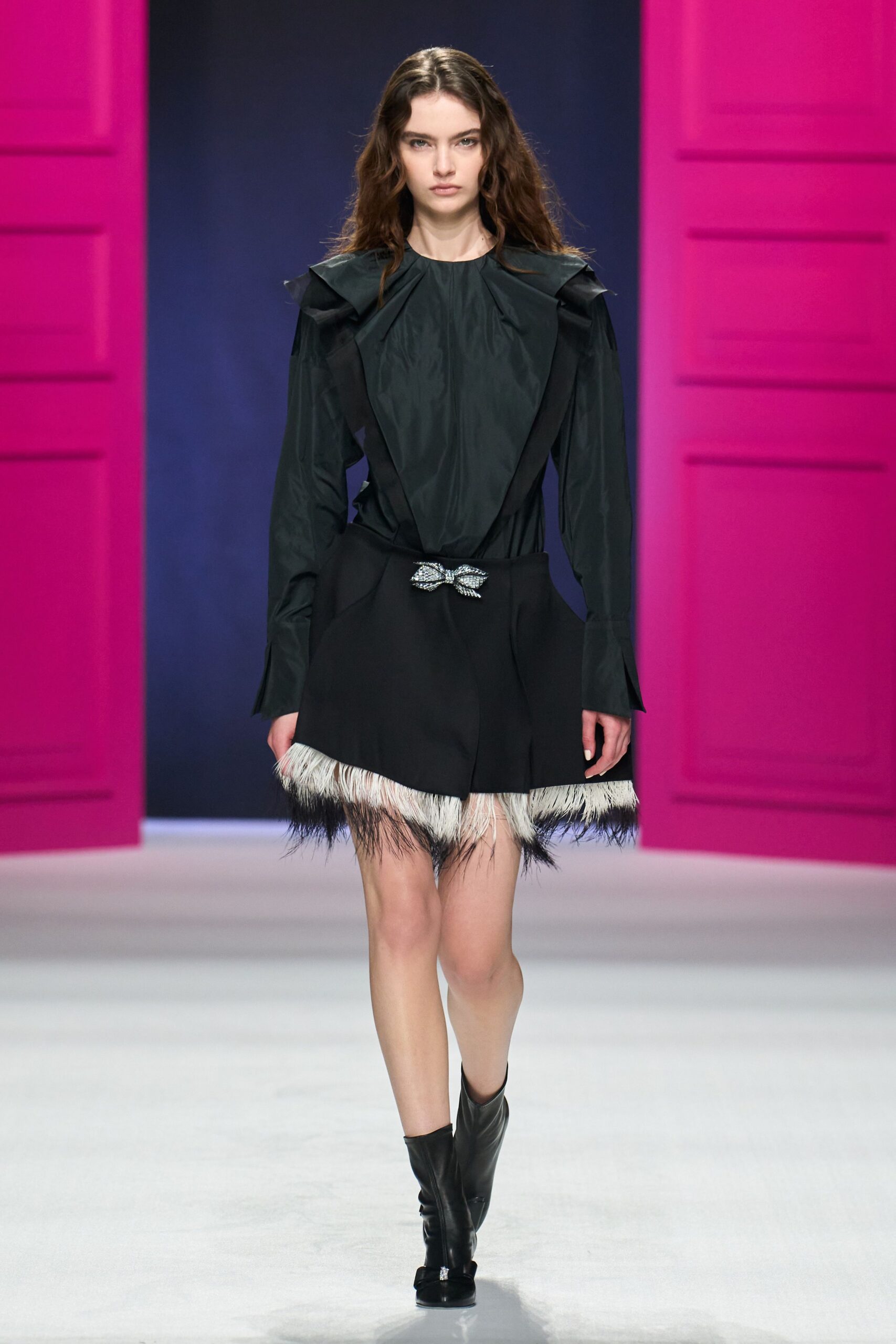 black silk long-sleeve collared fitted pleated fringed dress