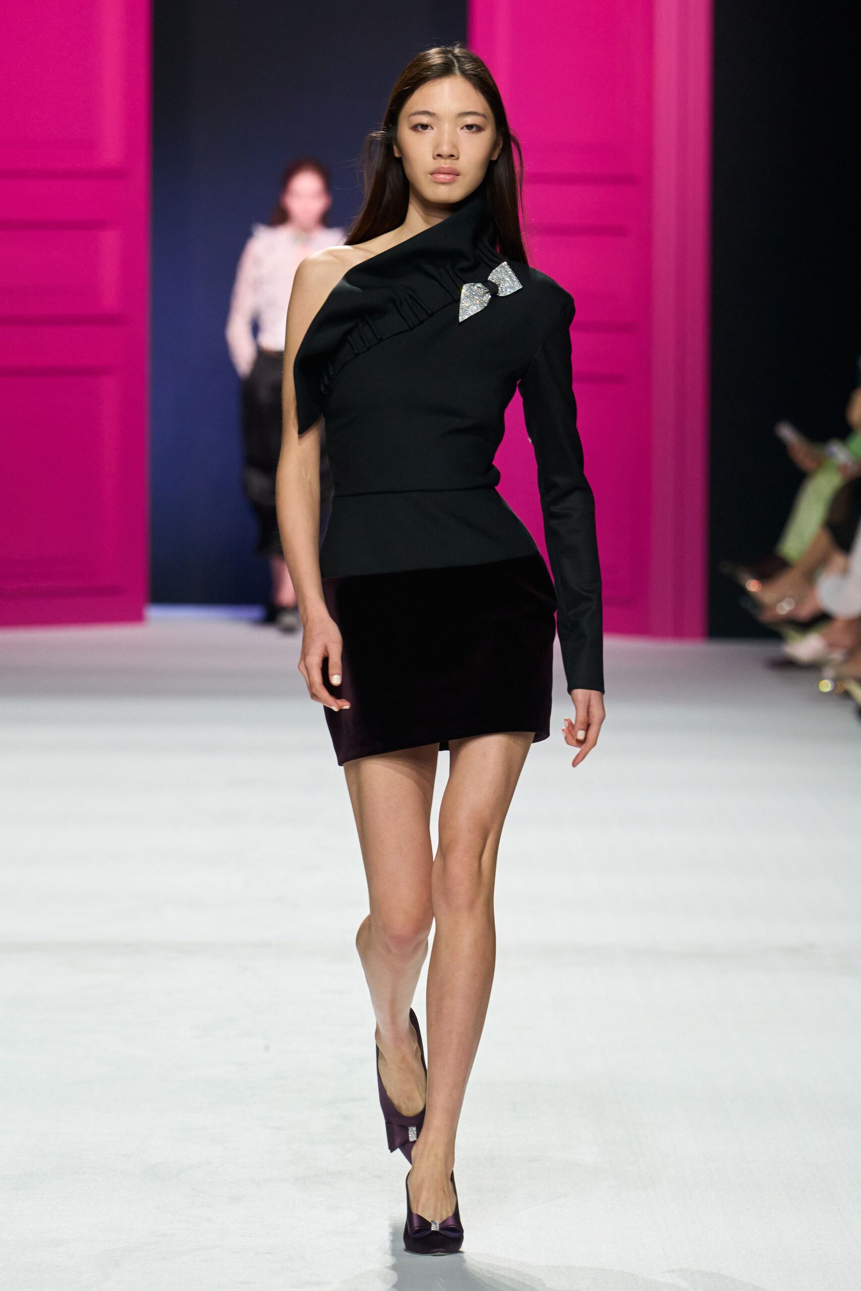 black velvet long-sleeve asymmetric fitted ruffled mini dress