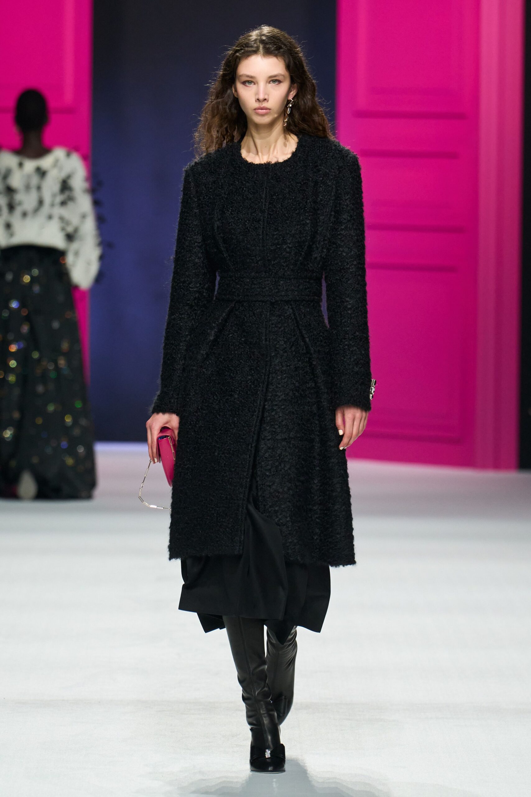 black tweed long-sleeve collared fitted belted midi coat