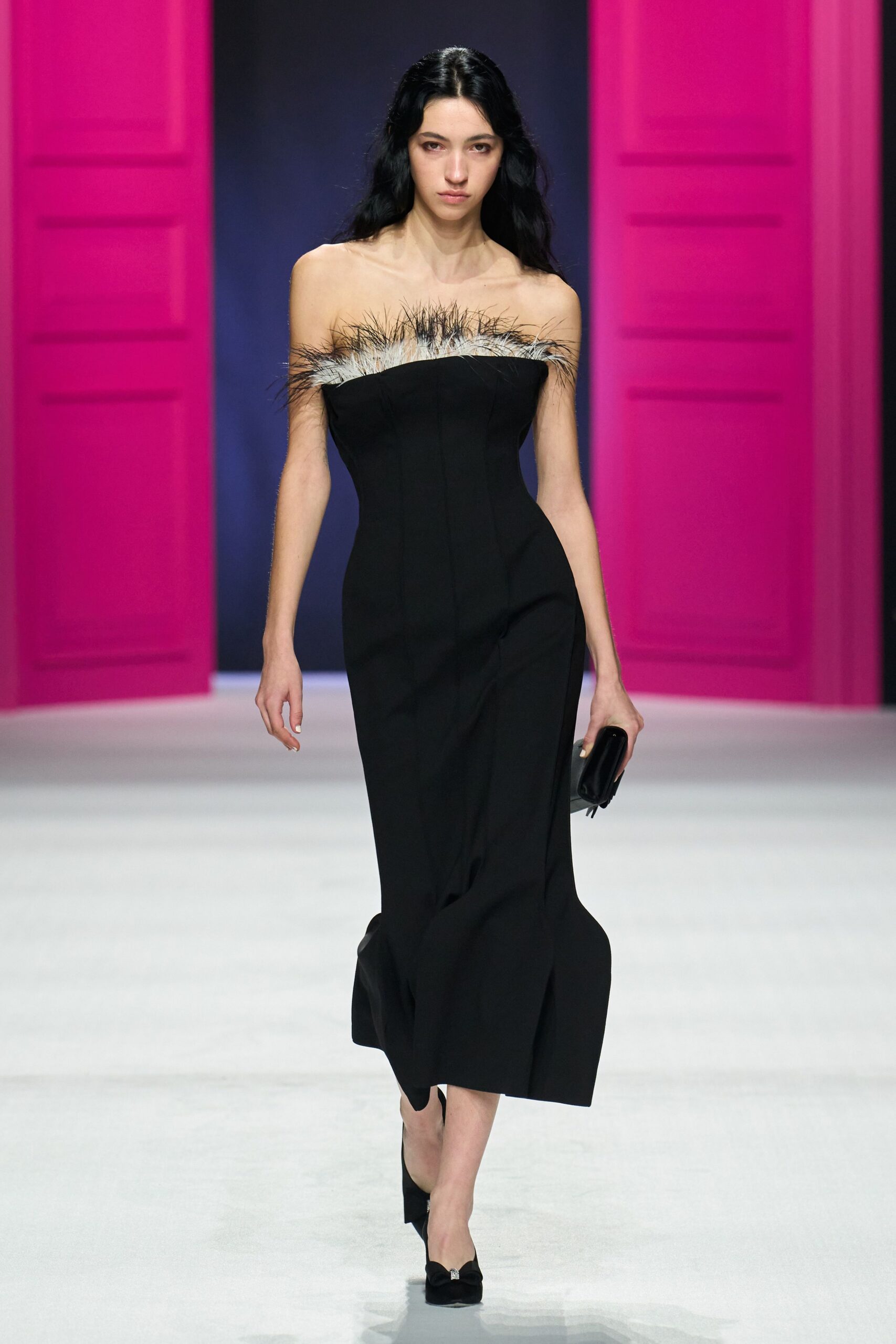 black silk strapless fitted ruffled midi gown