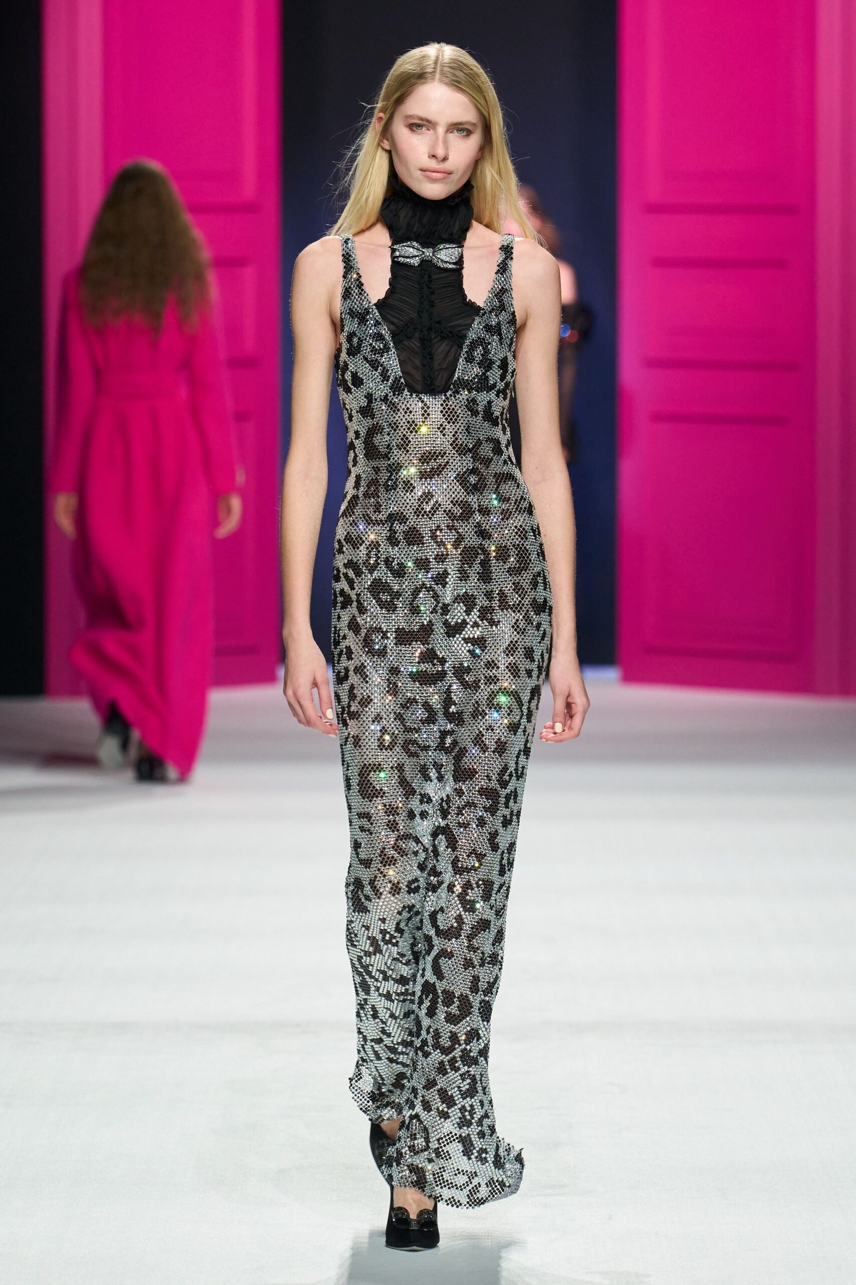 black sequin sleeveless high-neck fitted flared shiny gown