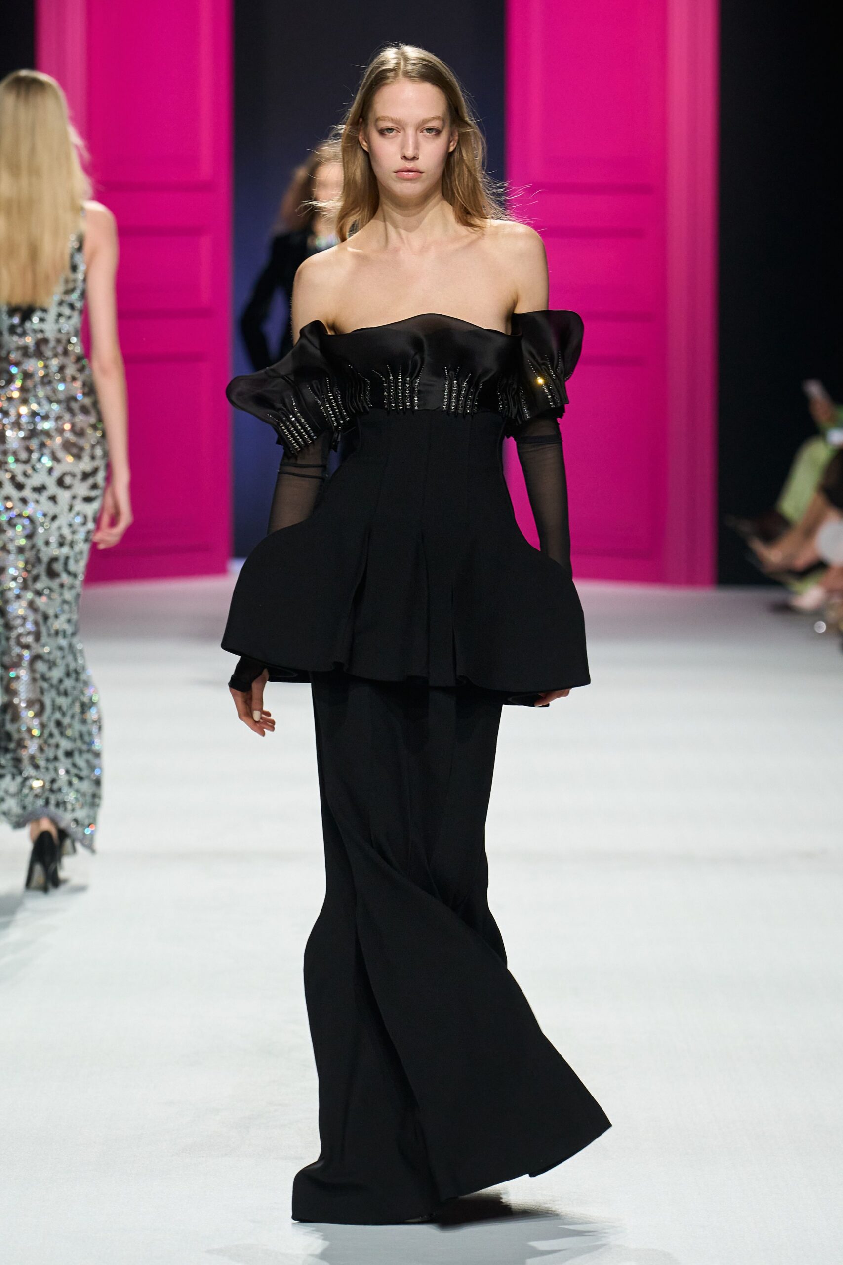 black silk off-shoulder gown