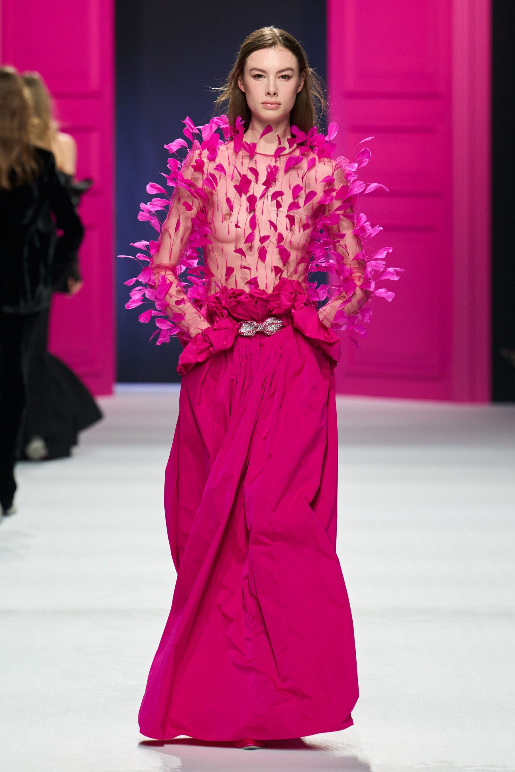 pink silk ruffled gown