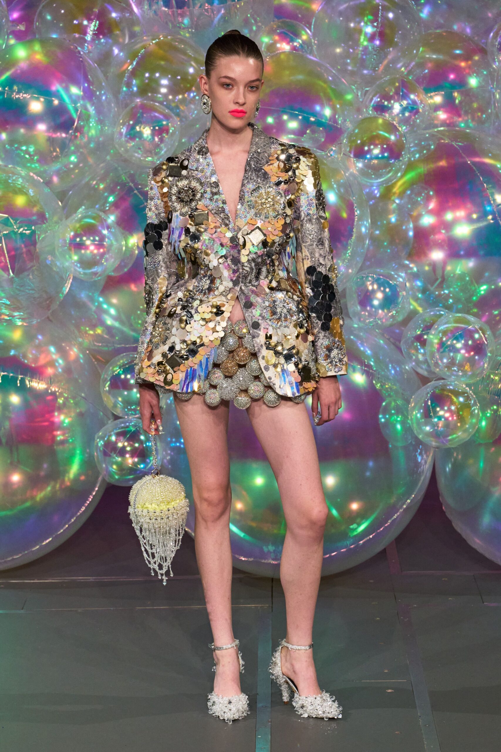 multi silk long-sleeve collared tailored embroidered sequined blazer