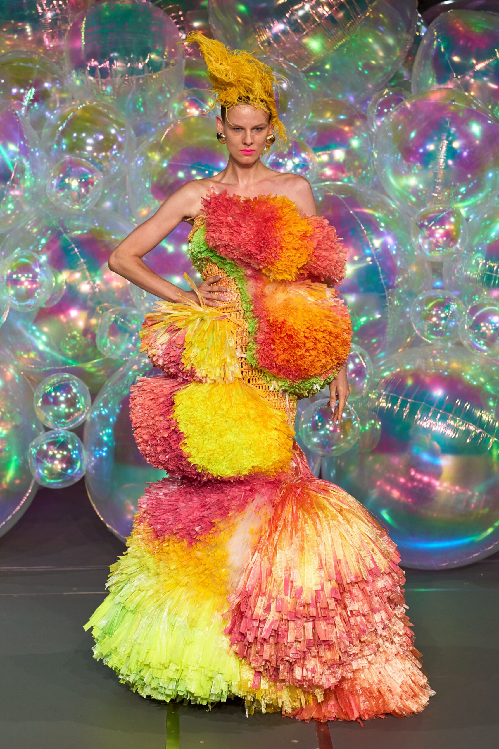 colorful pleated strapless gown