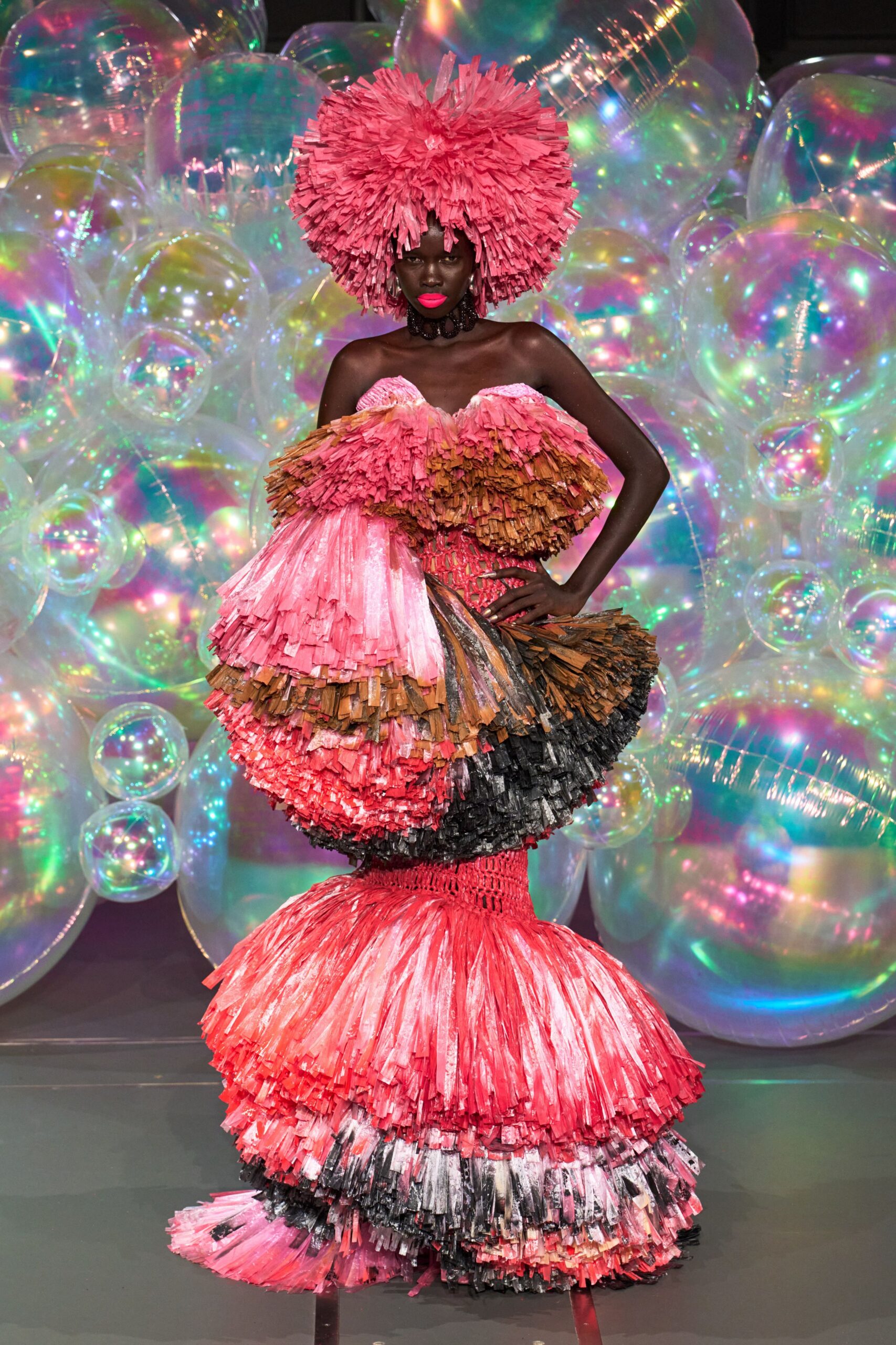 pink tiered ruffled gown