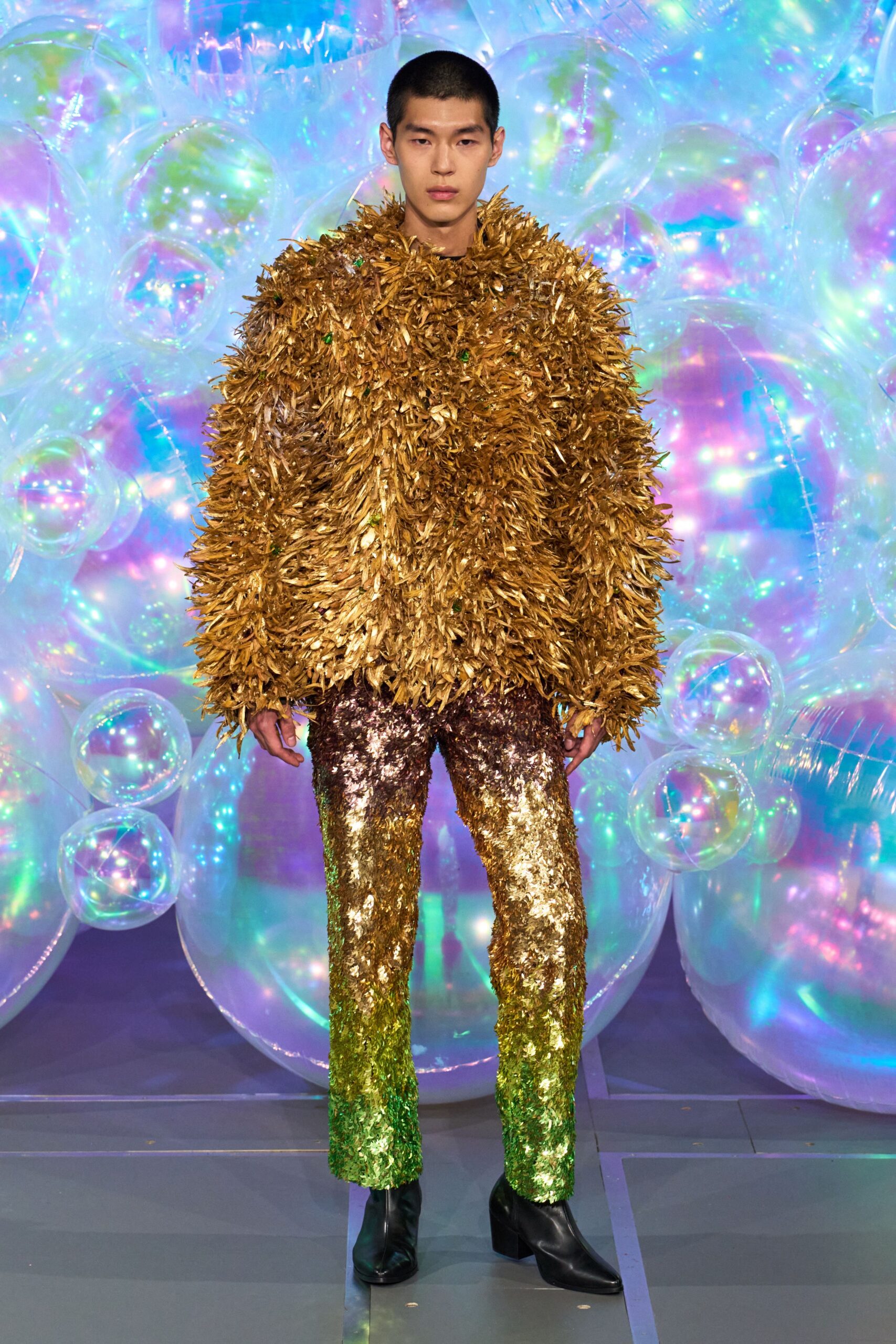 gold fur oversized layered sweater