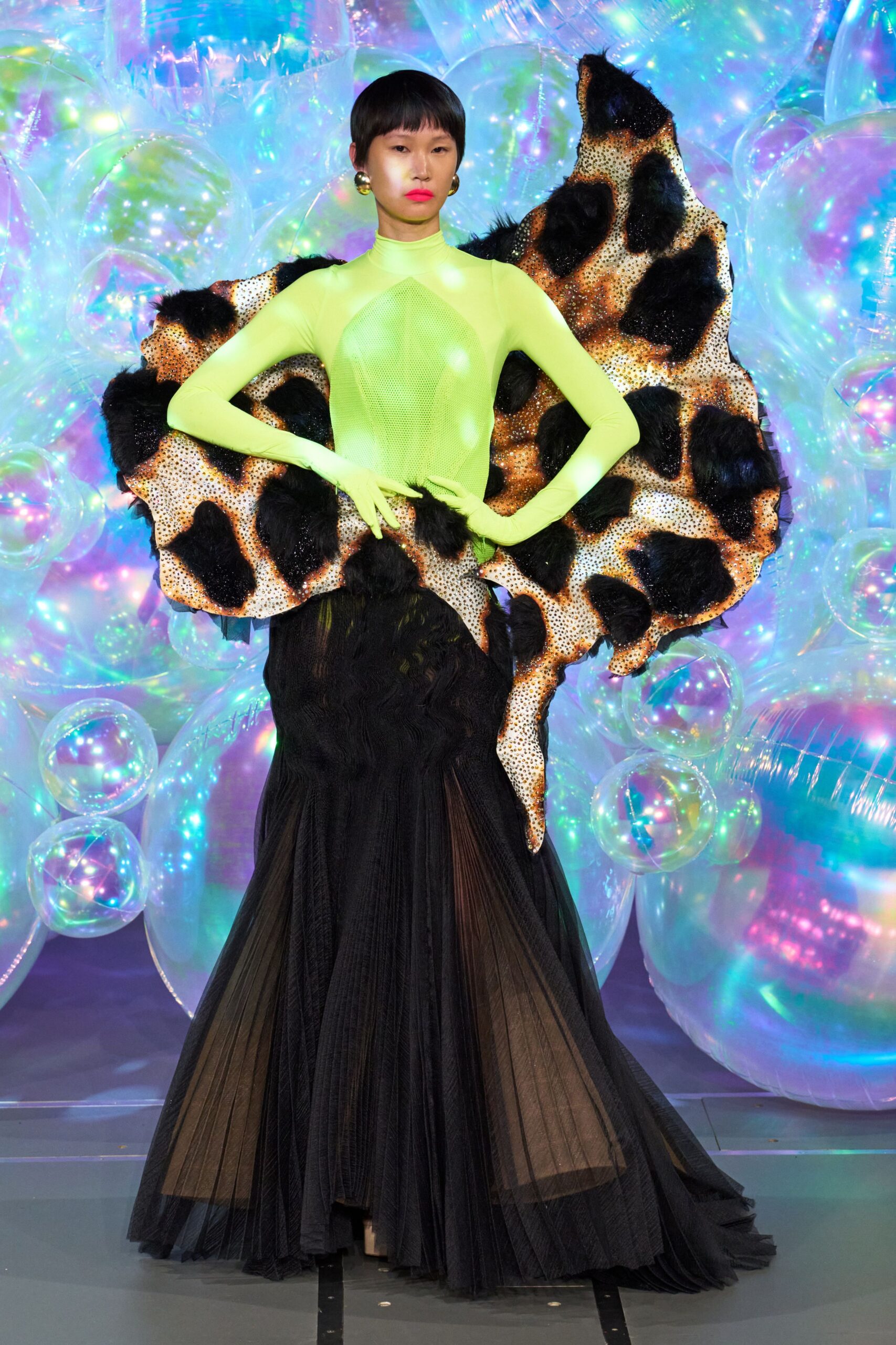 black green orange ruffled gown