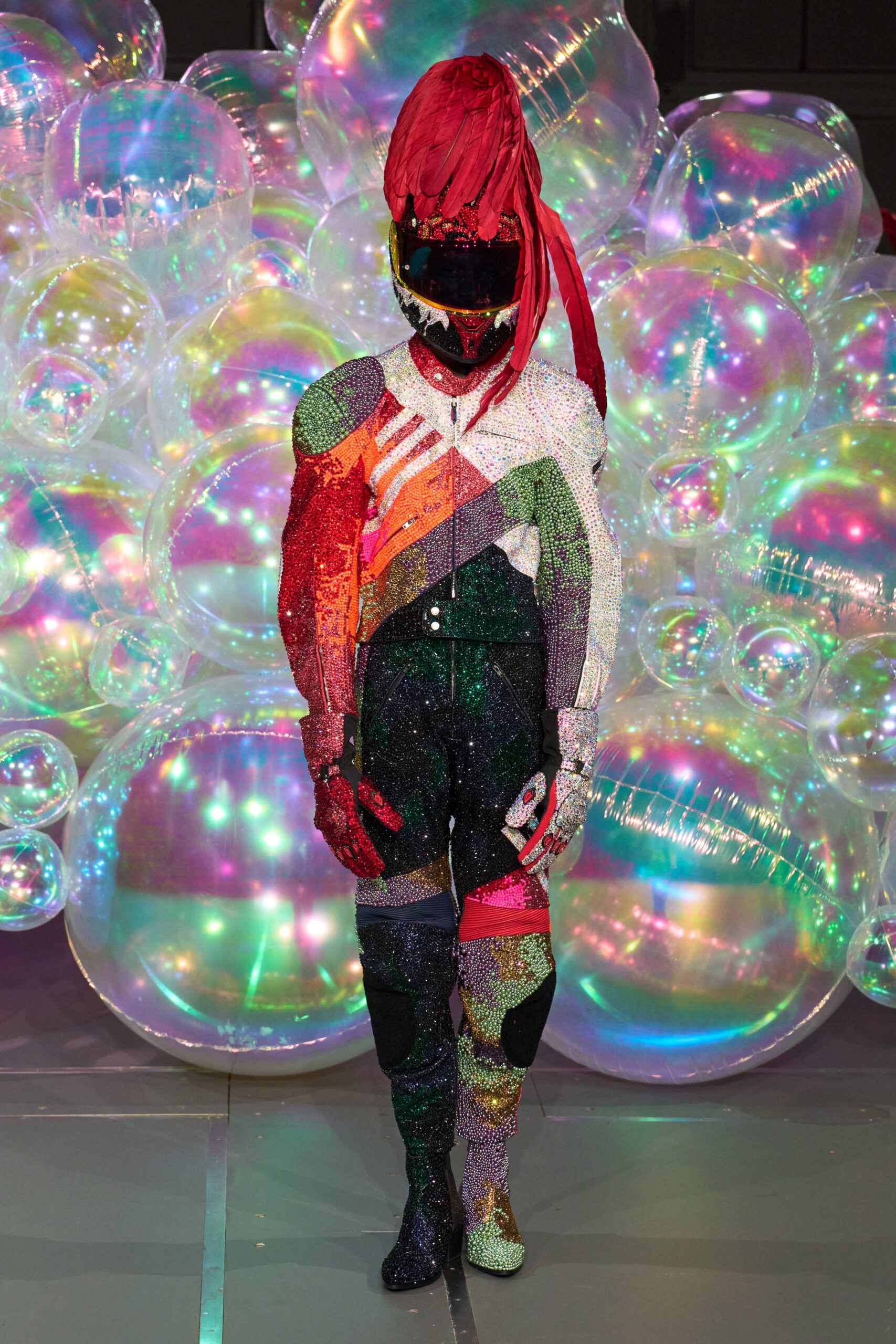 red sequin long-sleeve fitted color-blocked embellished shiny jumpsuit