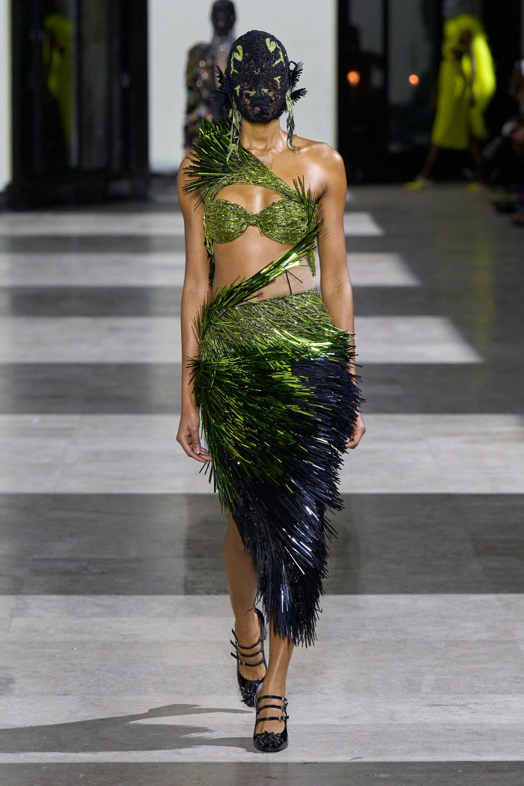 green metallic sleeveless asymmetric fitted fringed shiny dress