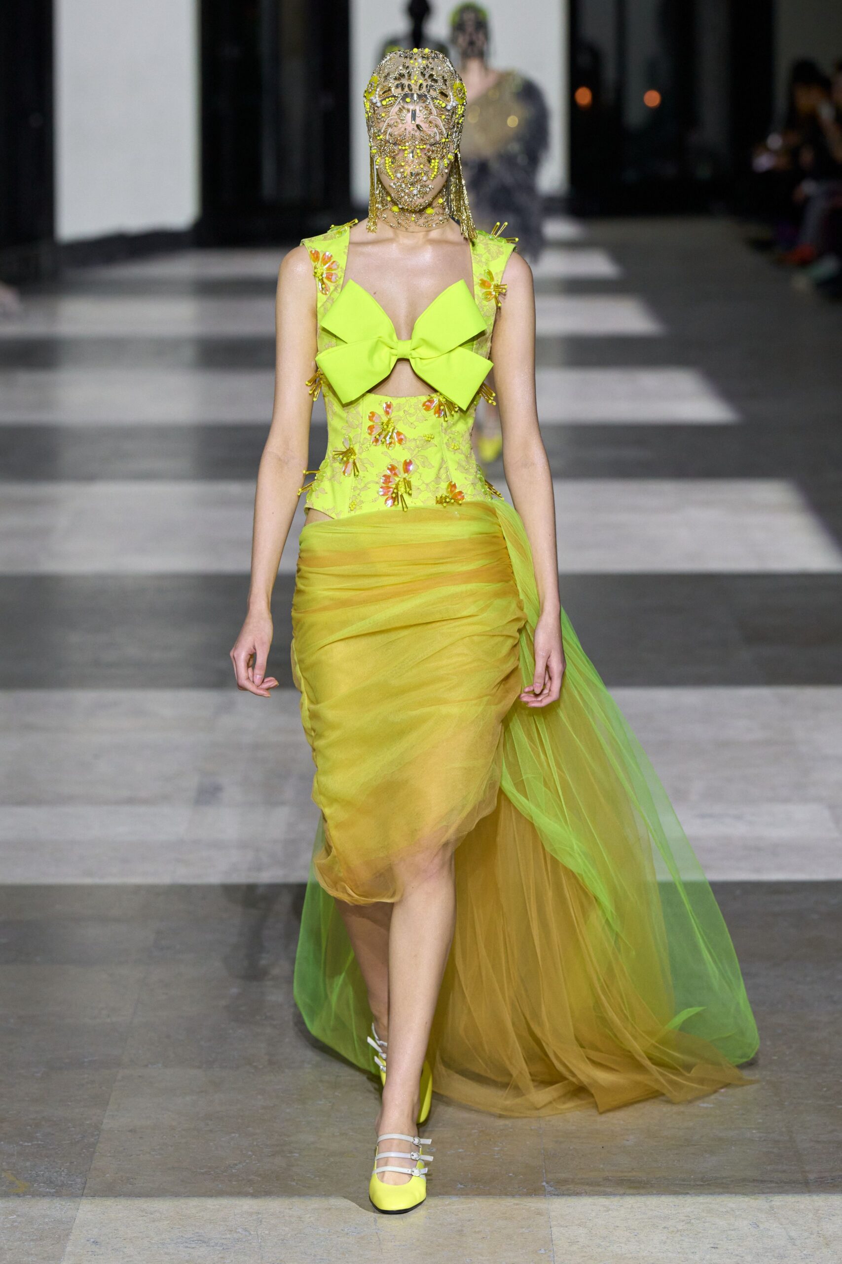 yellow silk sleeveless v-neck fitted ruffled layered gown