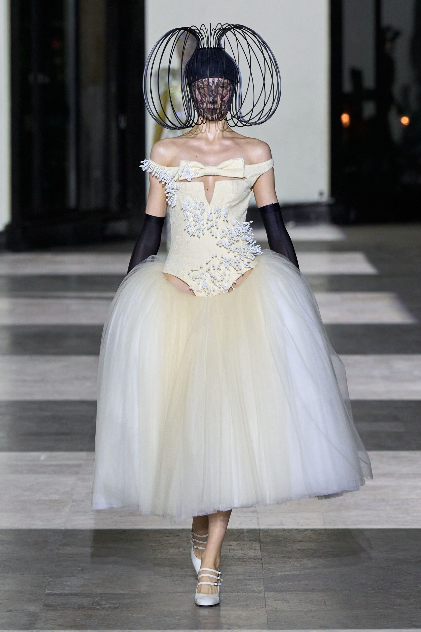 ivory tulle off-shoulder backless fitted pleated embellished gown