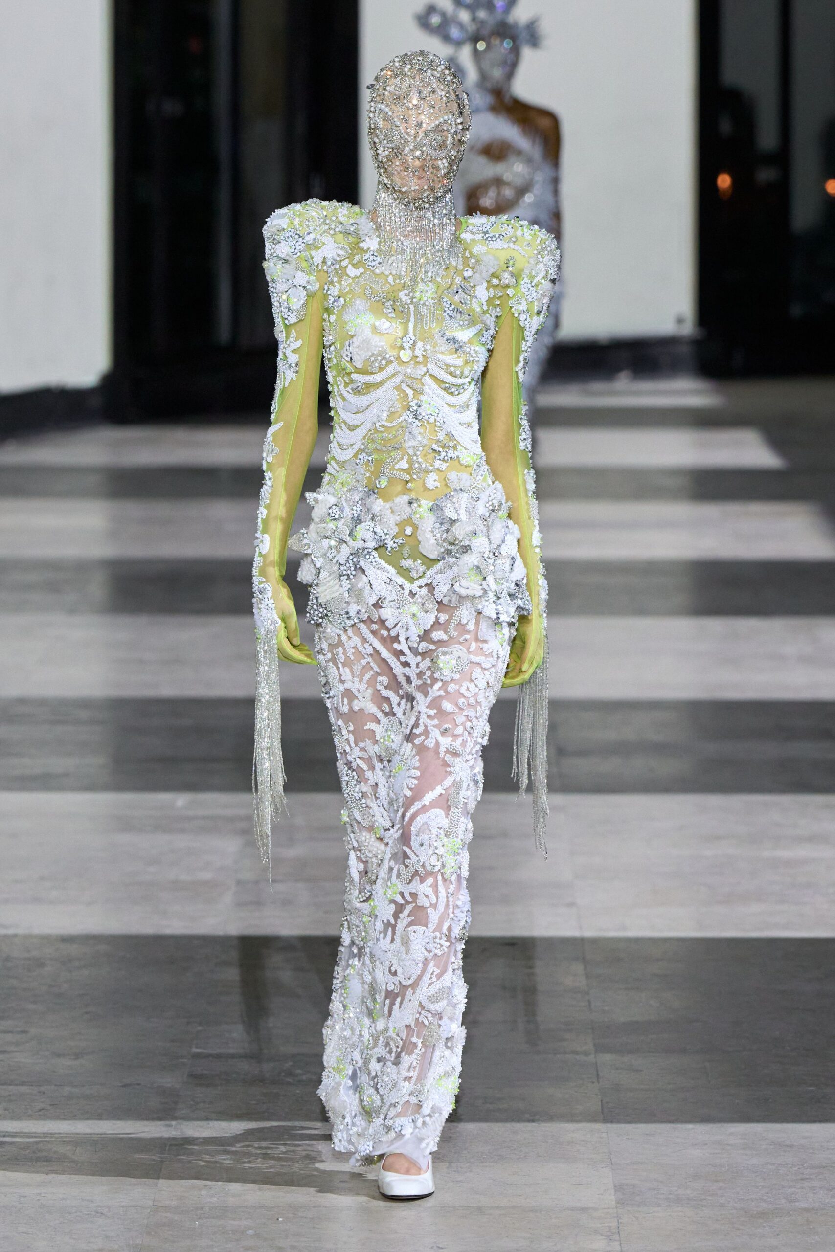 white lace long-sleeve high-neck fitted embroidered layered gown