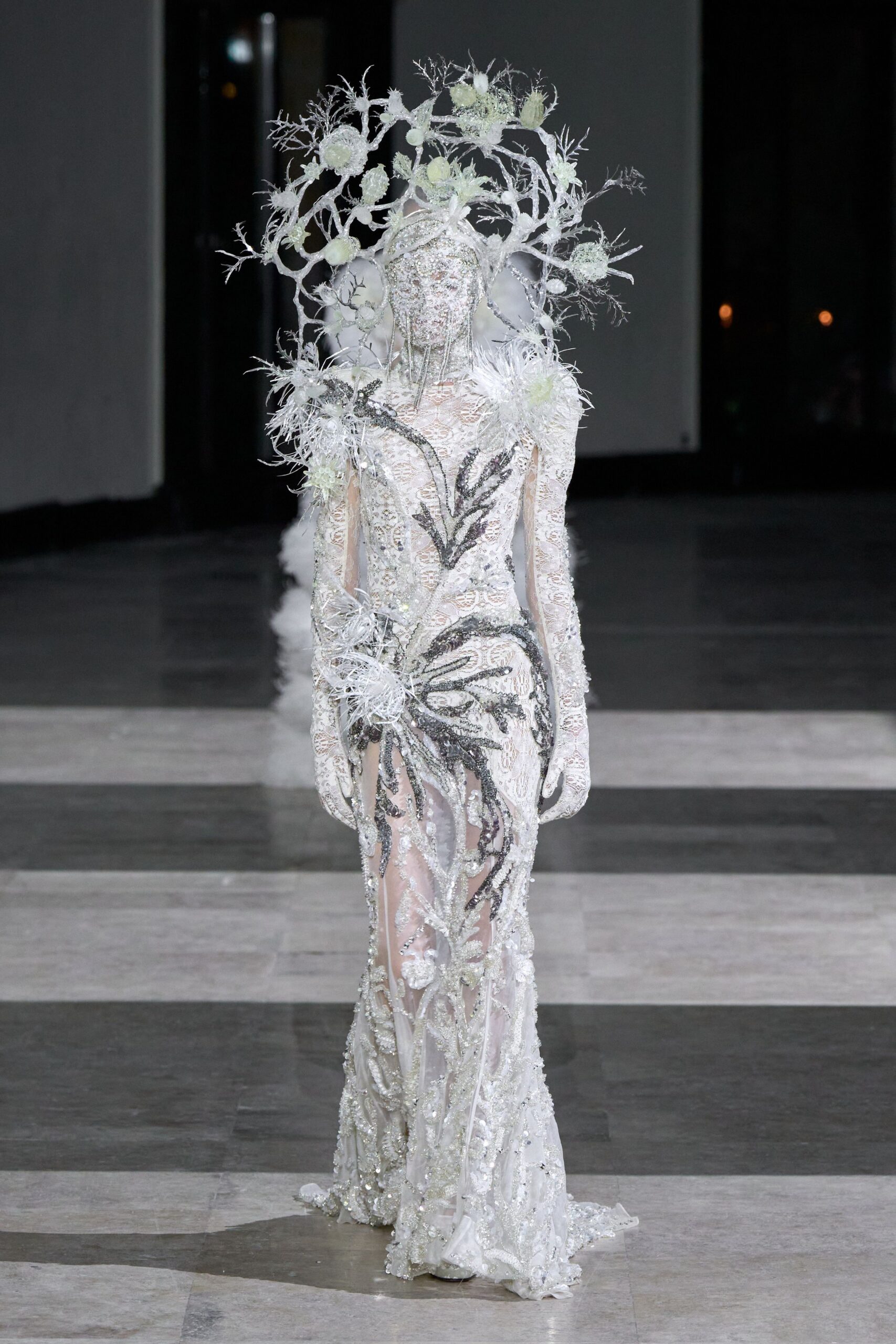 white lace embroidered gown