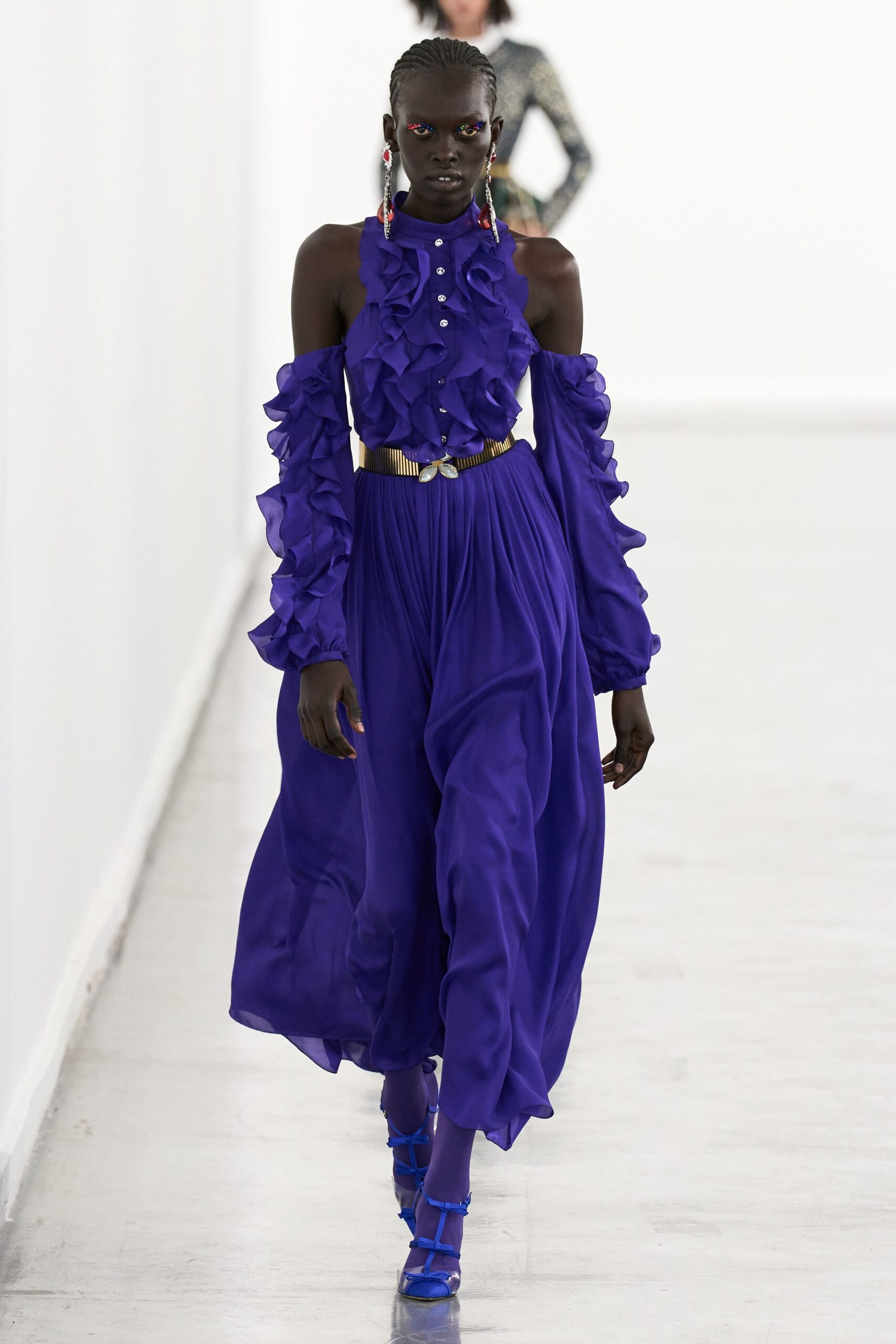 purple silk long-sleeve off-shoulder fitted ruffled buttoned dress