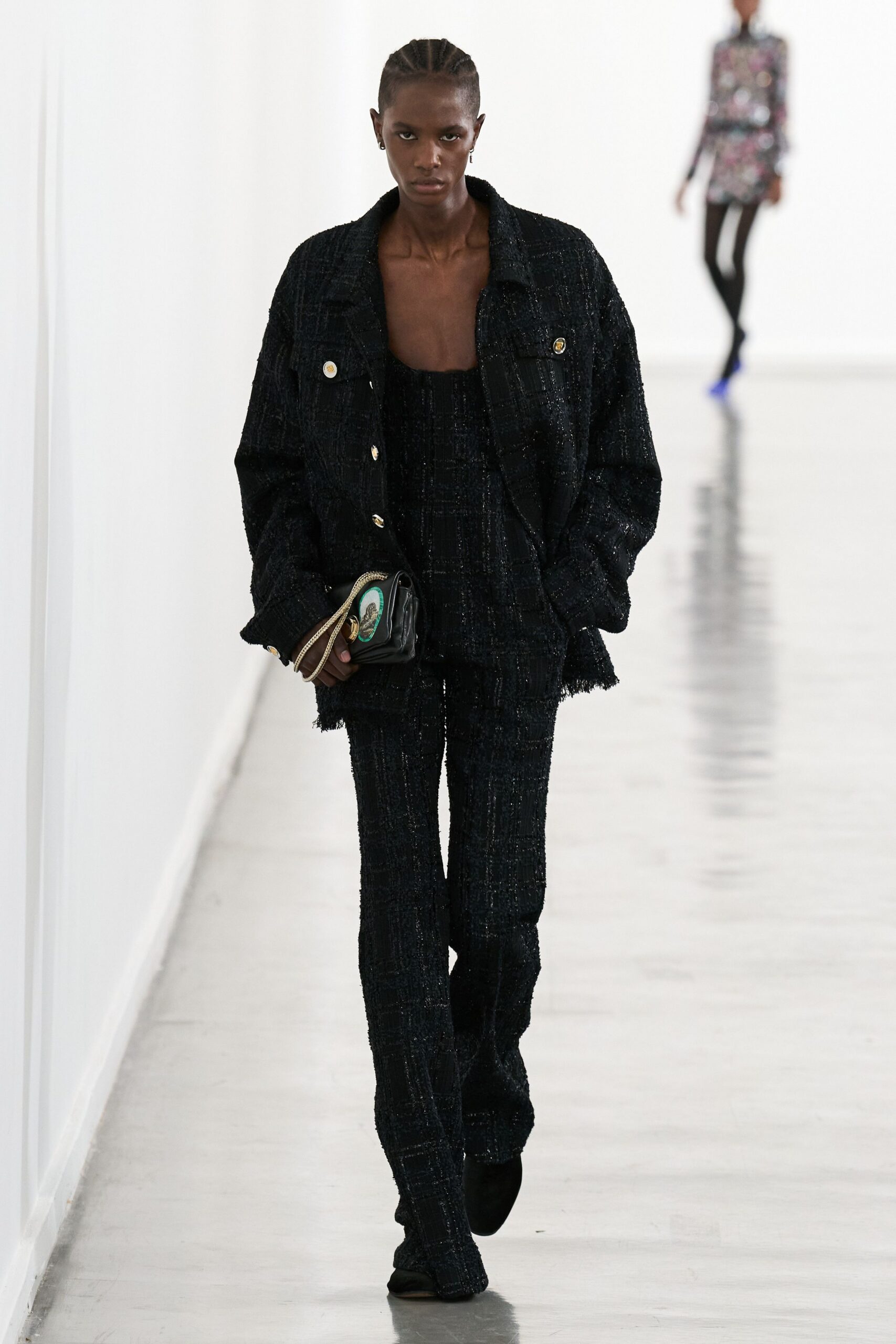 black tweed long-sleeve collared relaxed buttoned fringed jacket