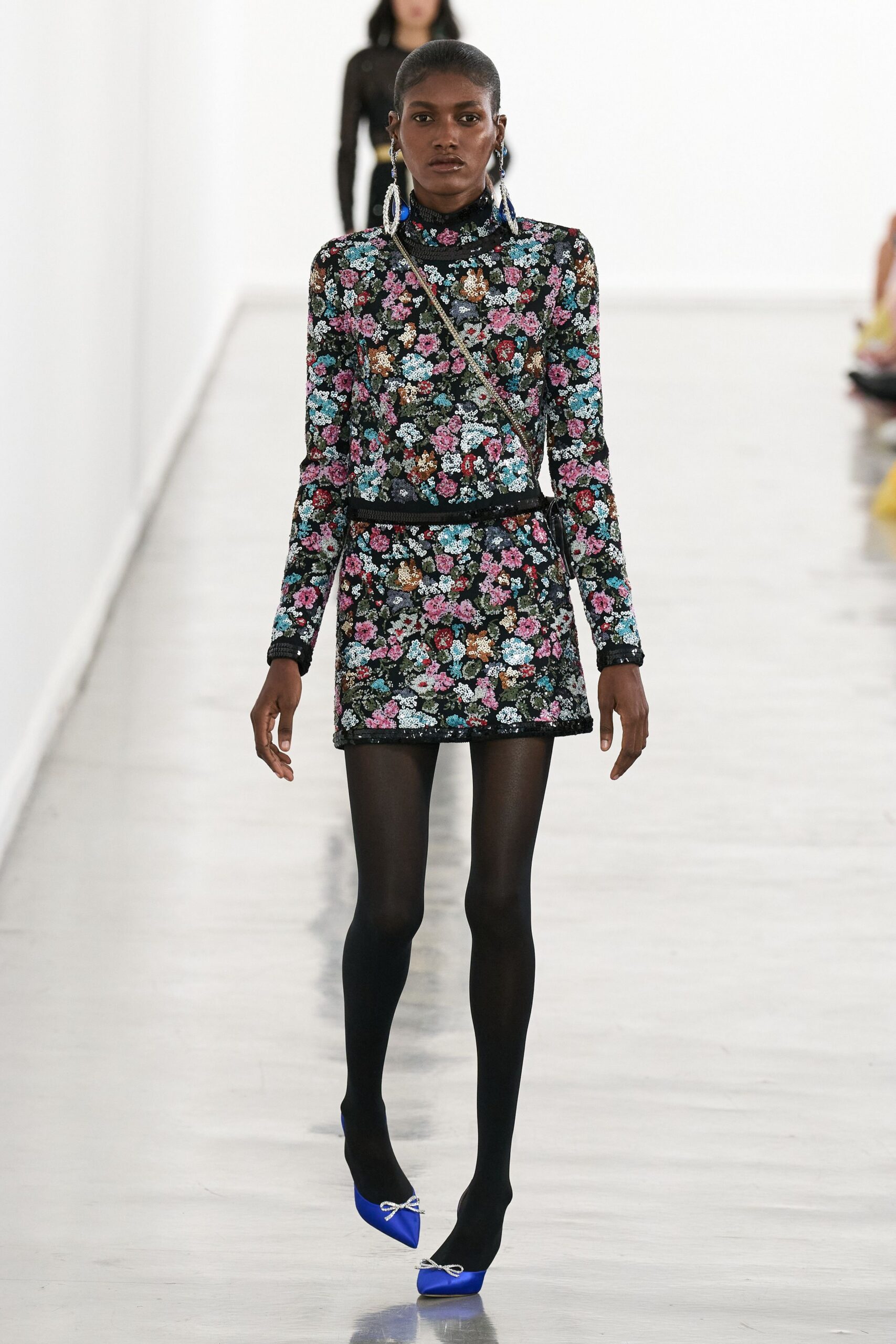 black silk long-sleeve high-neck fitted floral sequined mini-dress