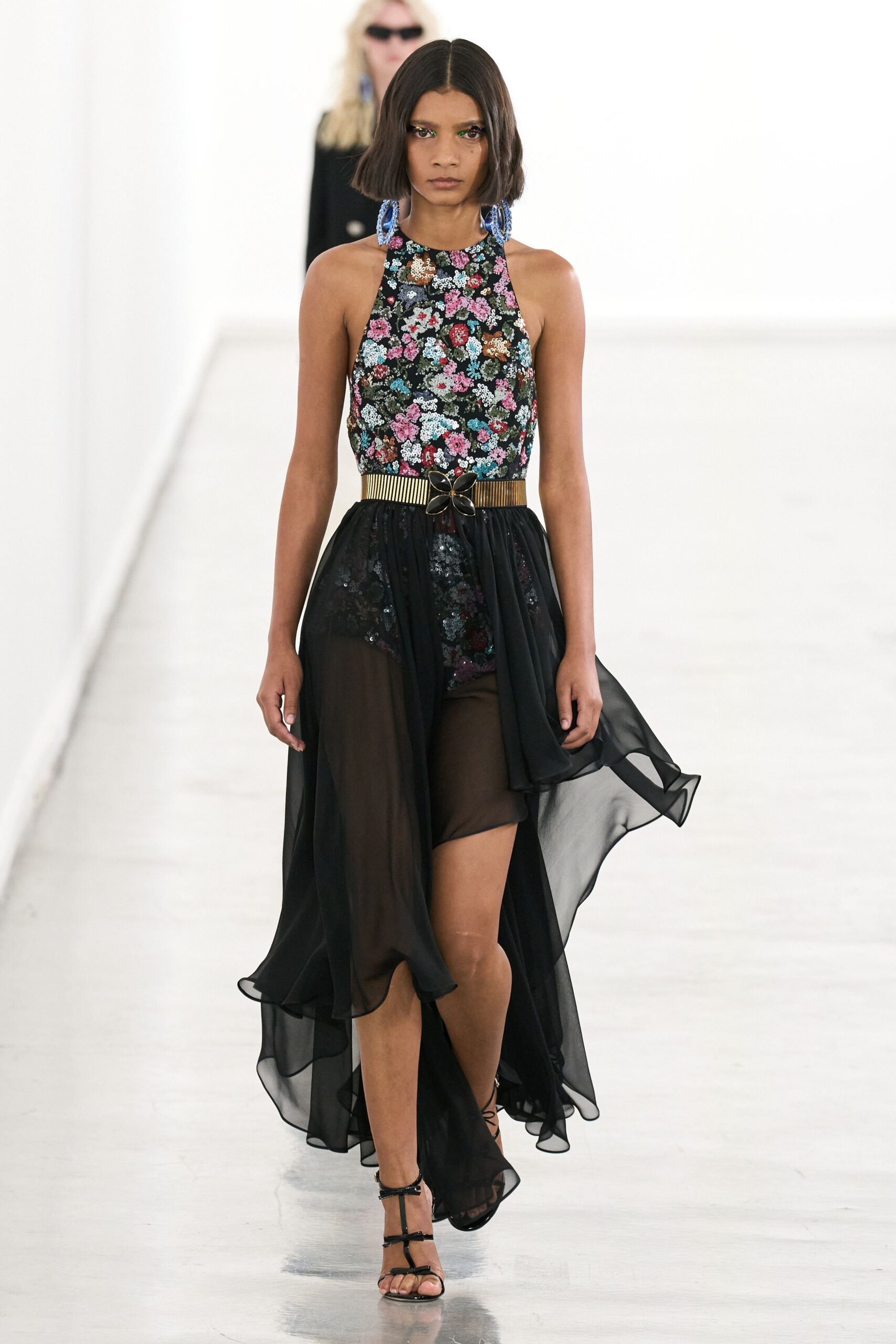 black silk sleeveless high-neck fitted flared embroidered dress