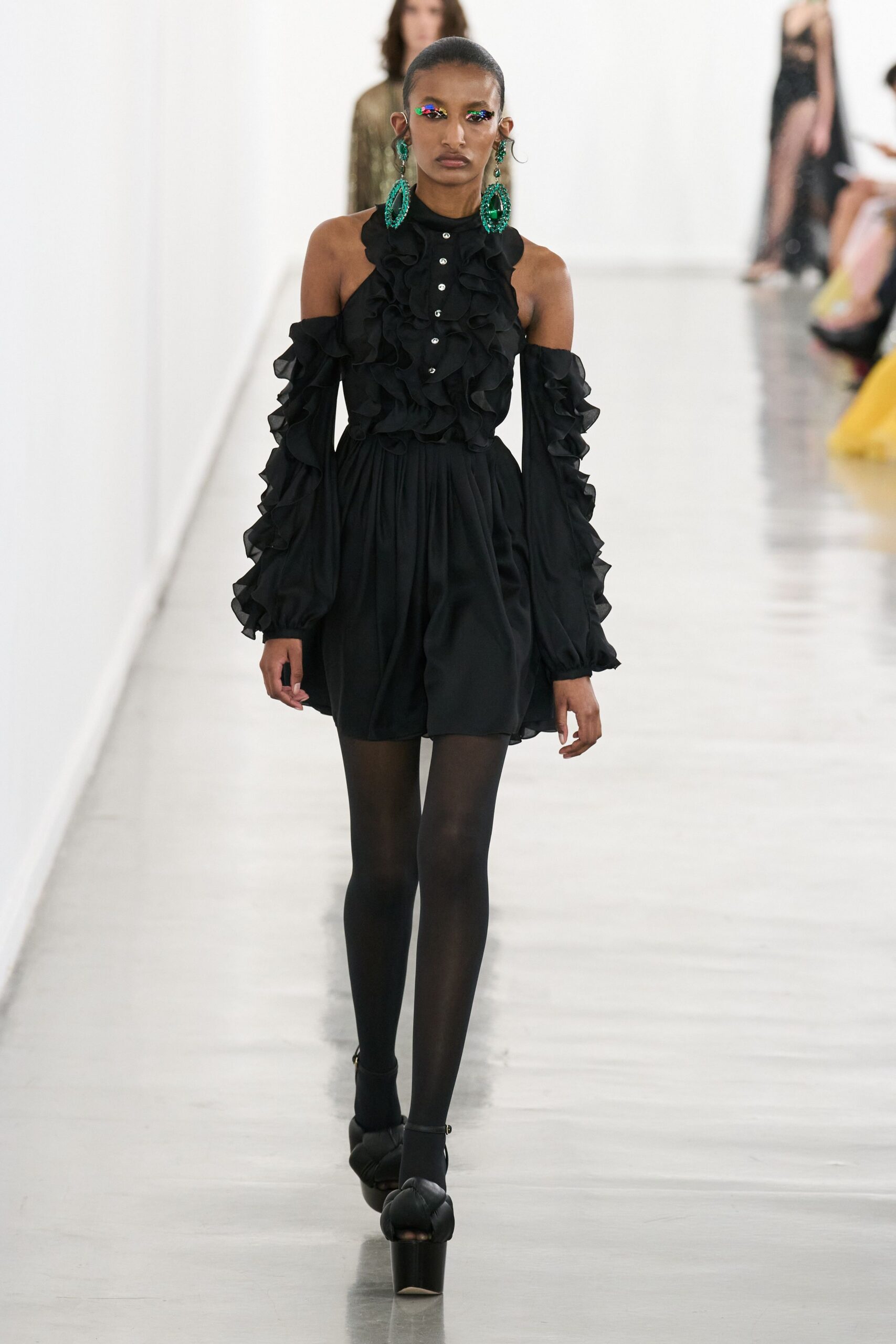 black cotton long-sleeve off-shoulder fitted ruffled short dress