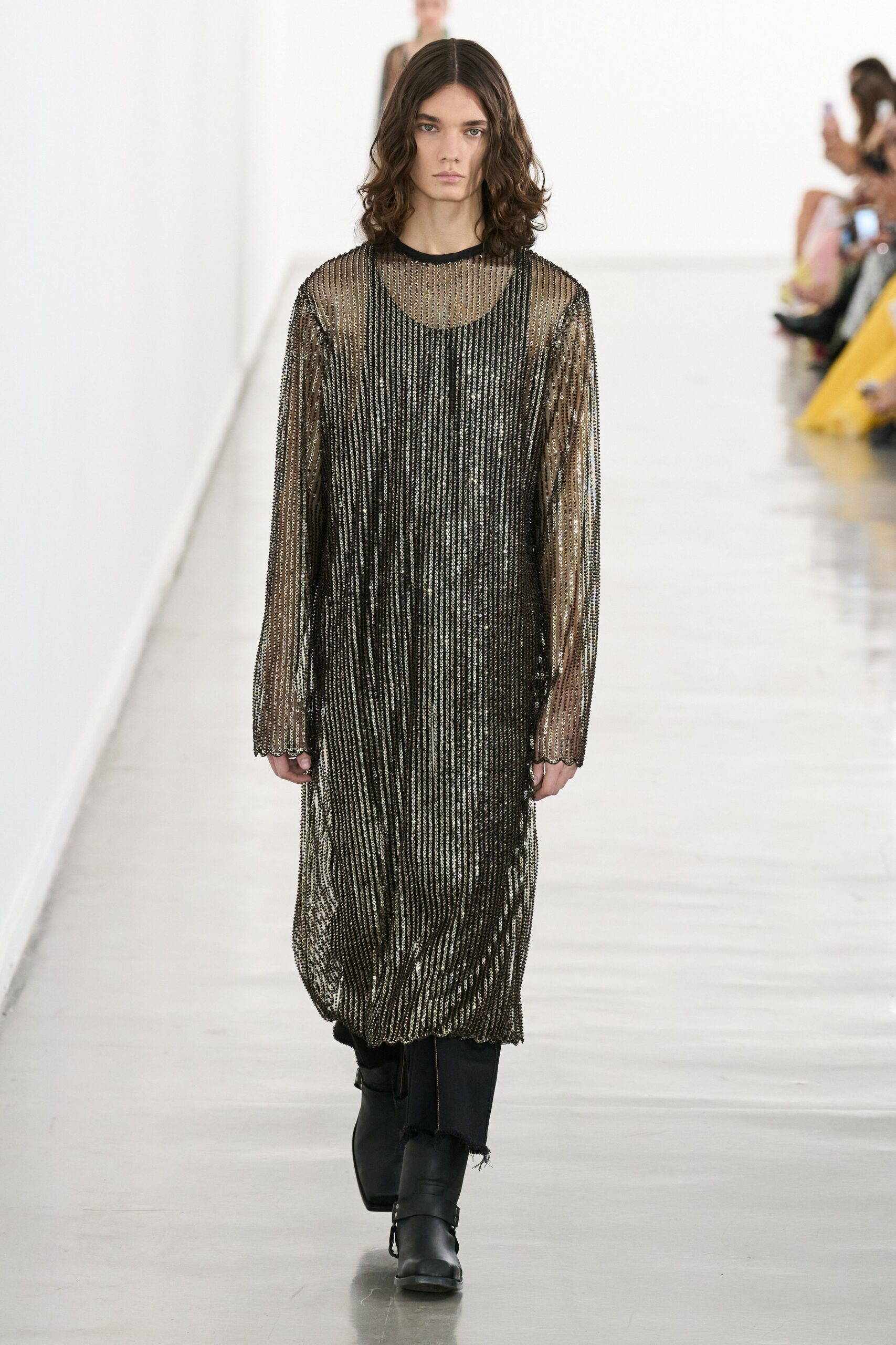 gold metallic long-sleeve scoop-neck relaxed pleated shiny dress