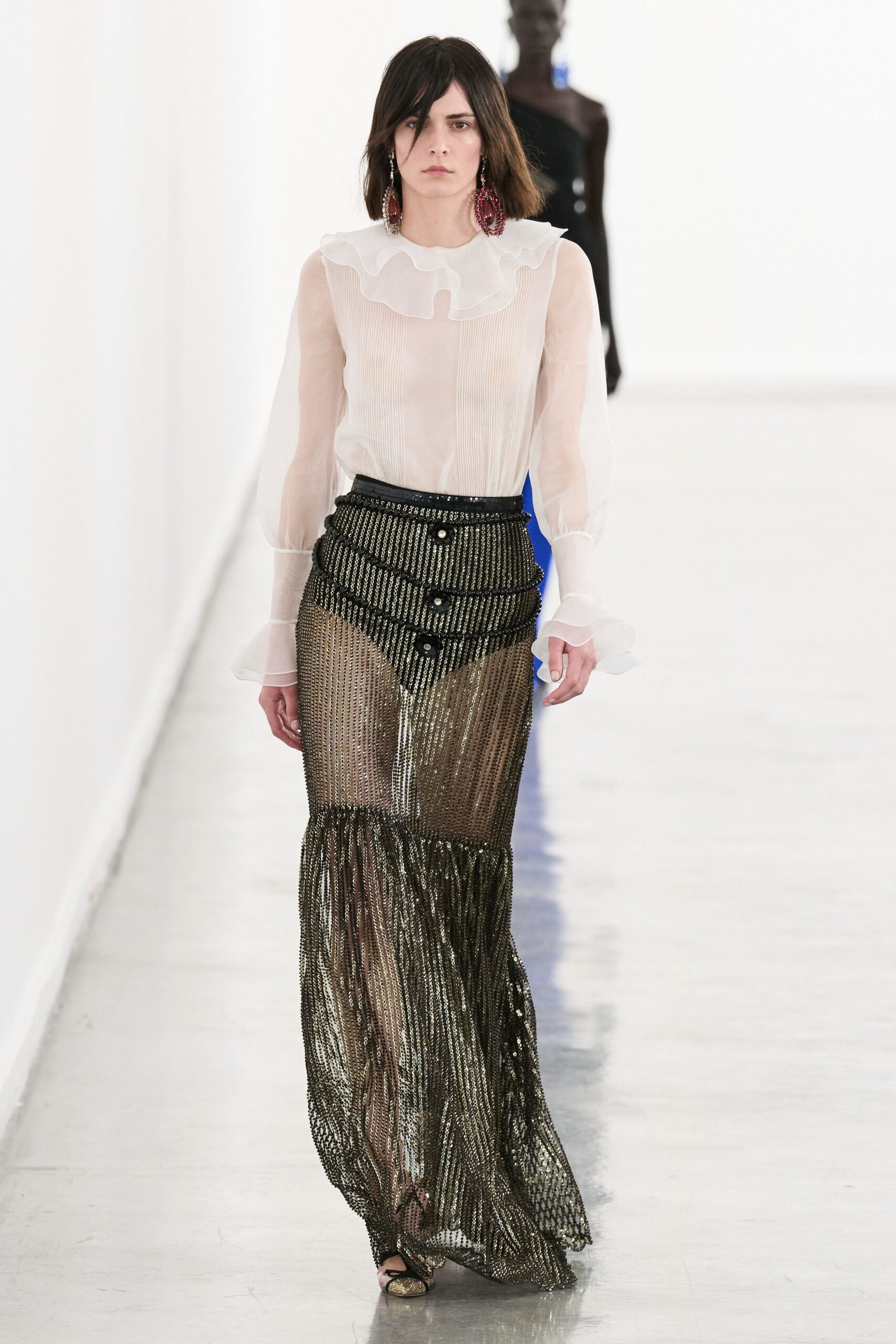 black silk fitted pleated layered shiny maxi skirt