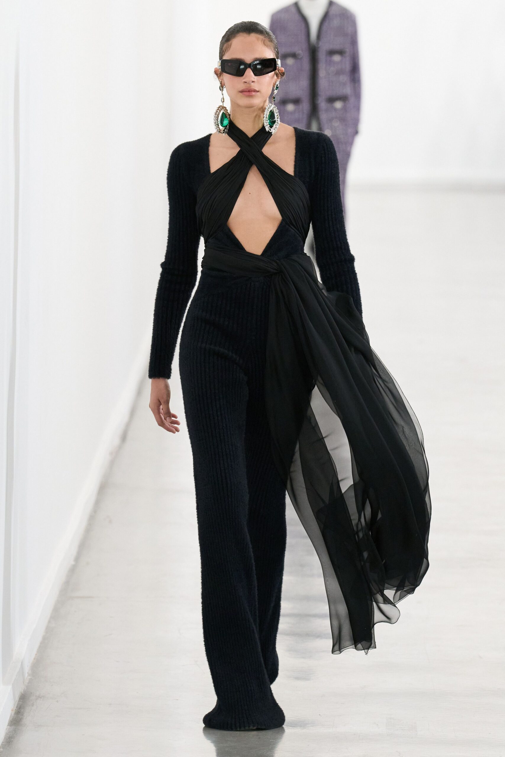 black cotton long-sleeve v-neck fitted draped flowing jumpsuit