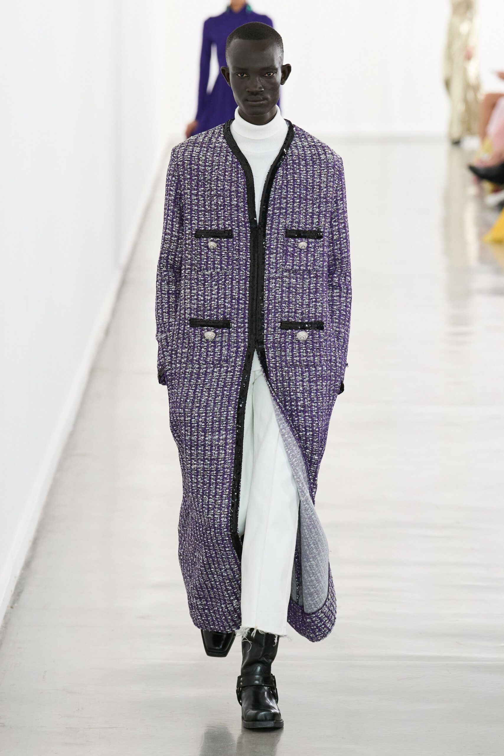 purple tweed long-sleeve collared relaxed buttoned layered coat