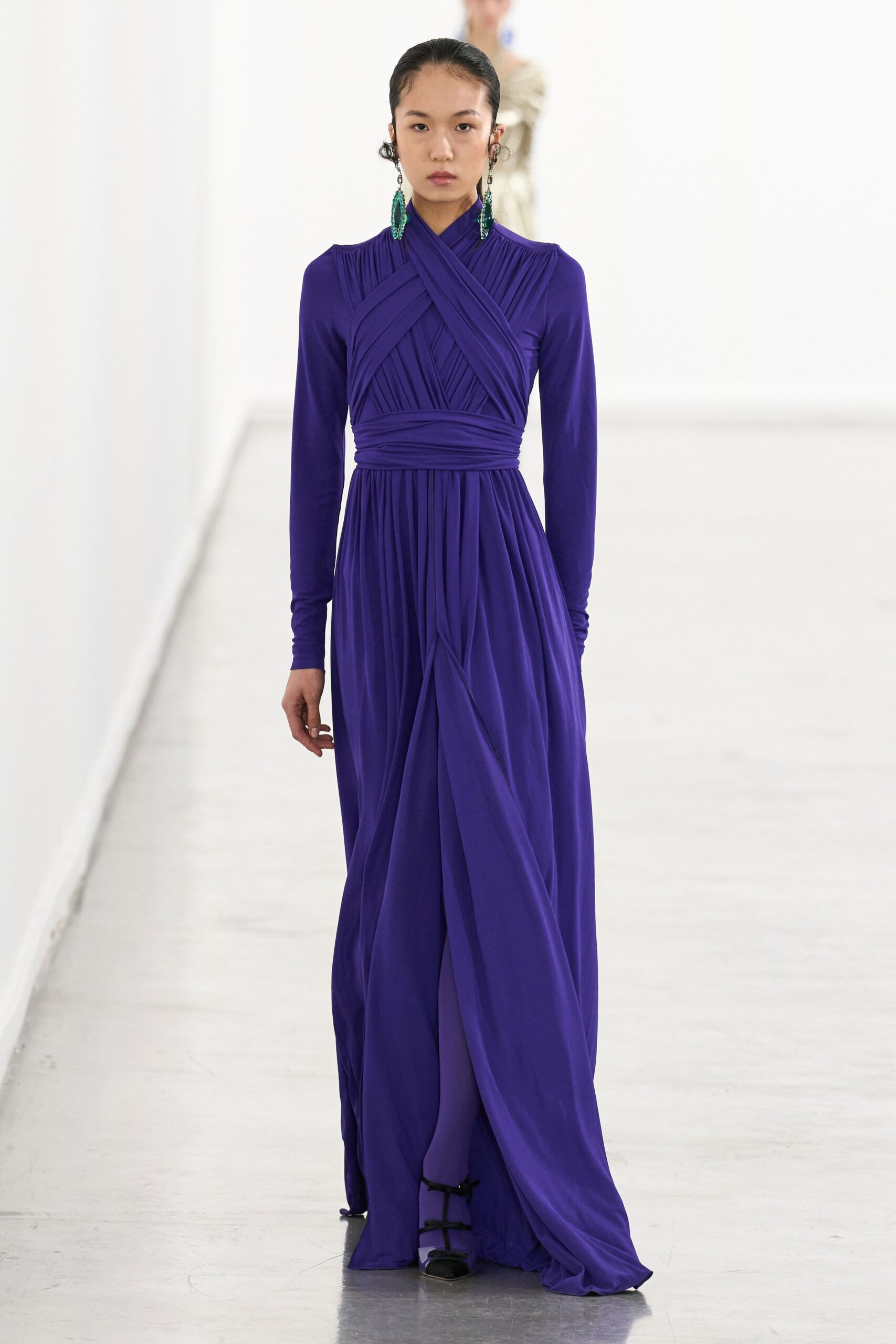 purple silk long-sleeve gown