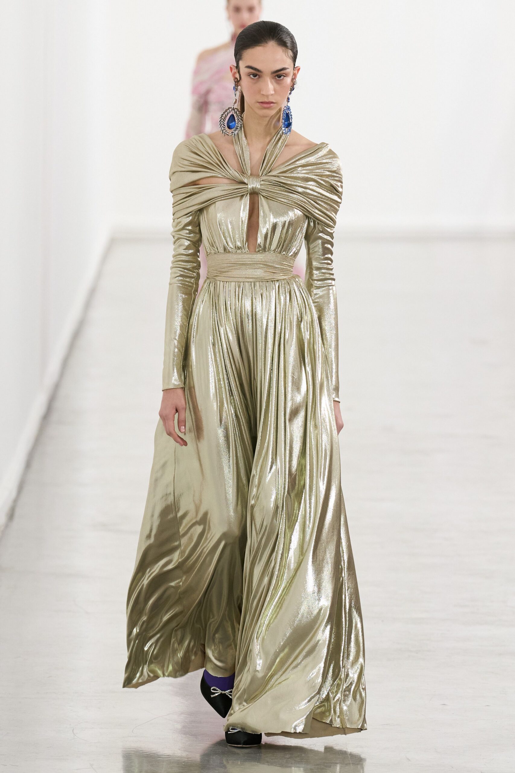 gold silk off-shoulder gown