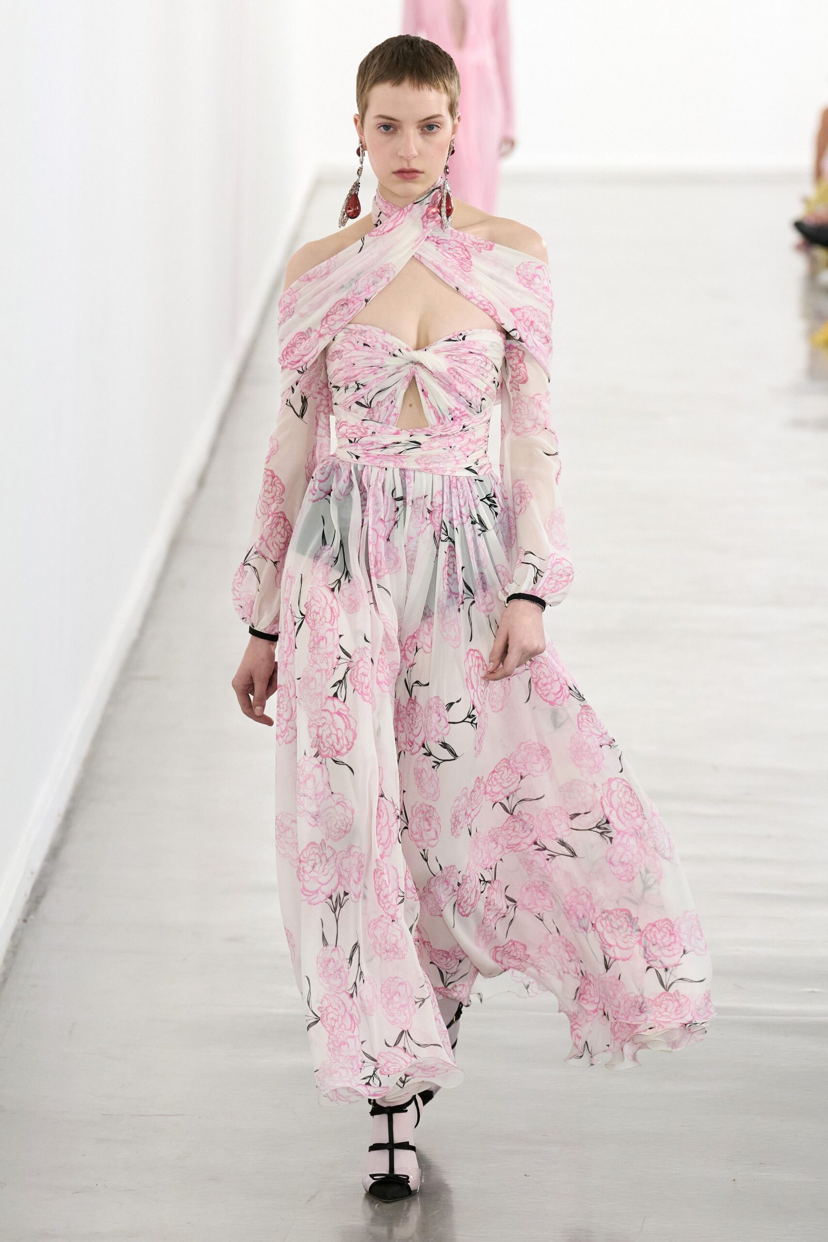 pink silk long-sleeve off-shoulder fitted floral draped gown
