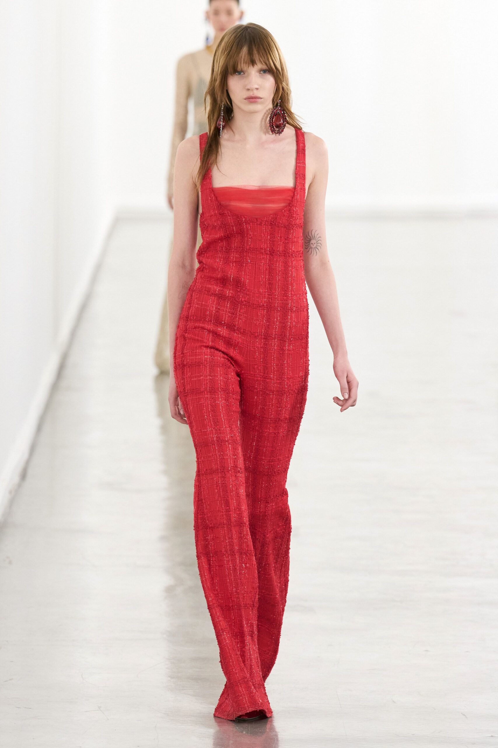 red cotton sleeveless fitted textured jumpsuit