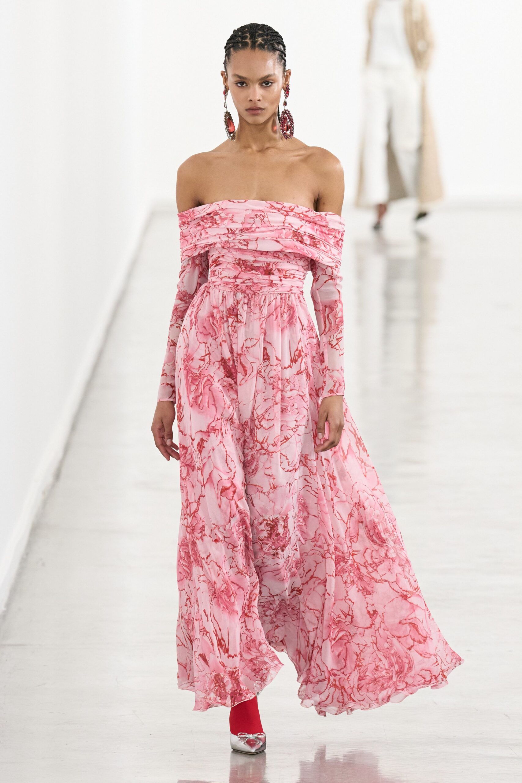 pink silk long-sleeve off-shoulder fitted floral tiered gown