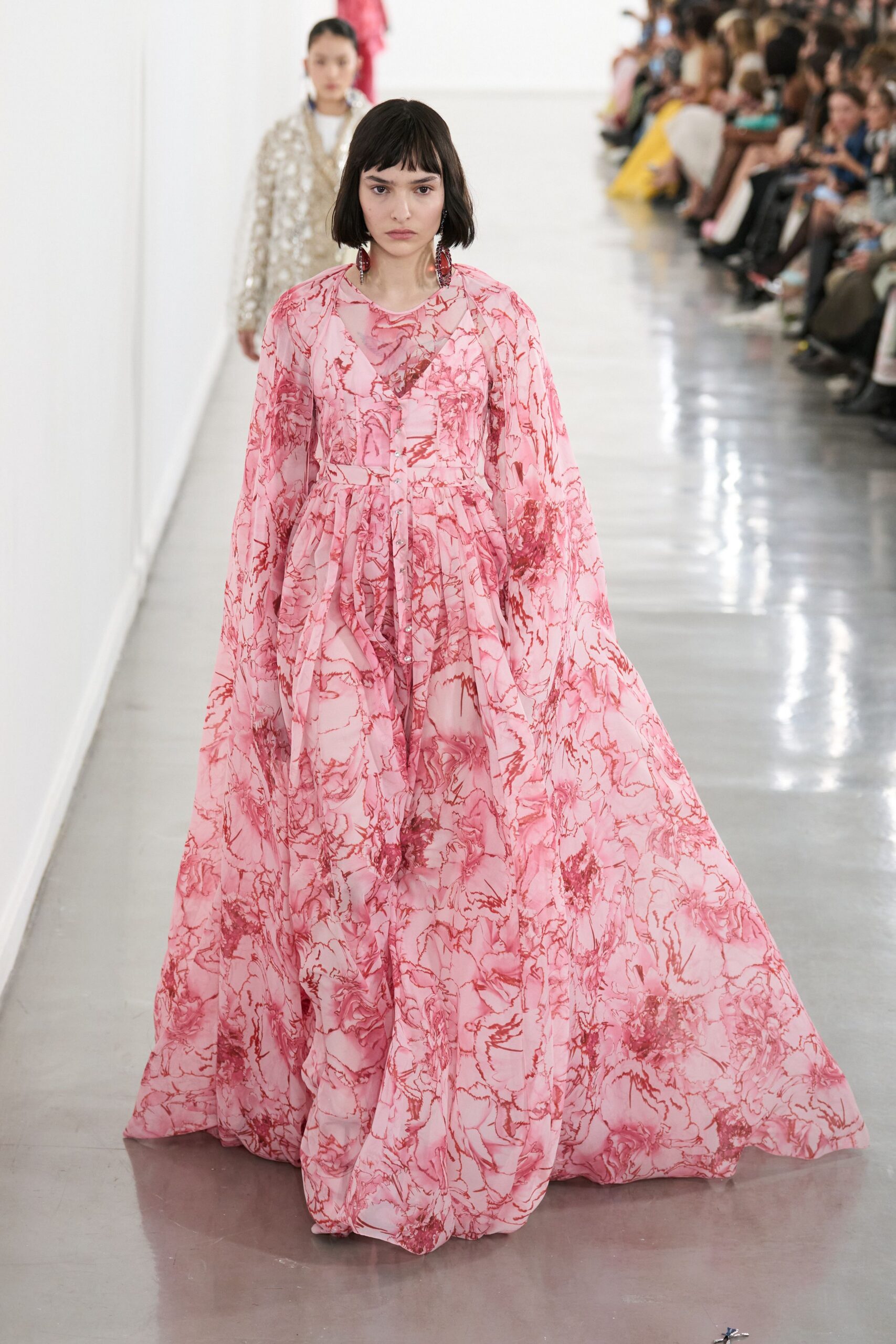 pink floral chiffon gown