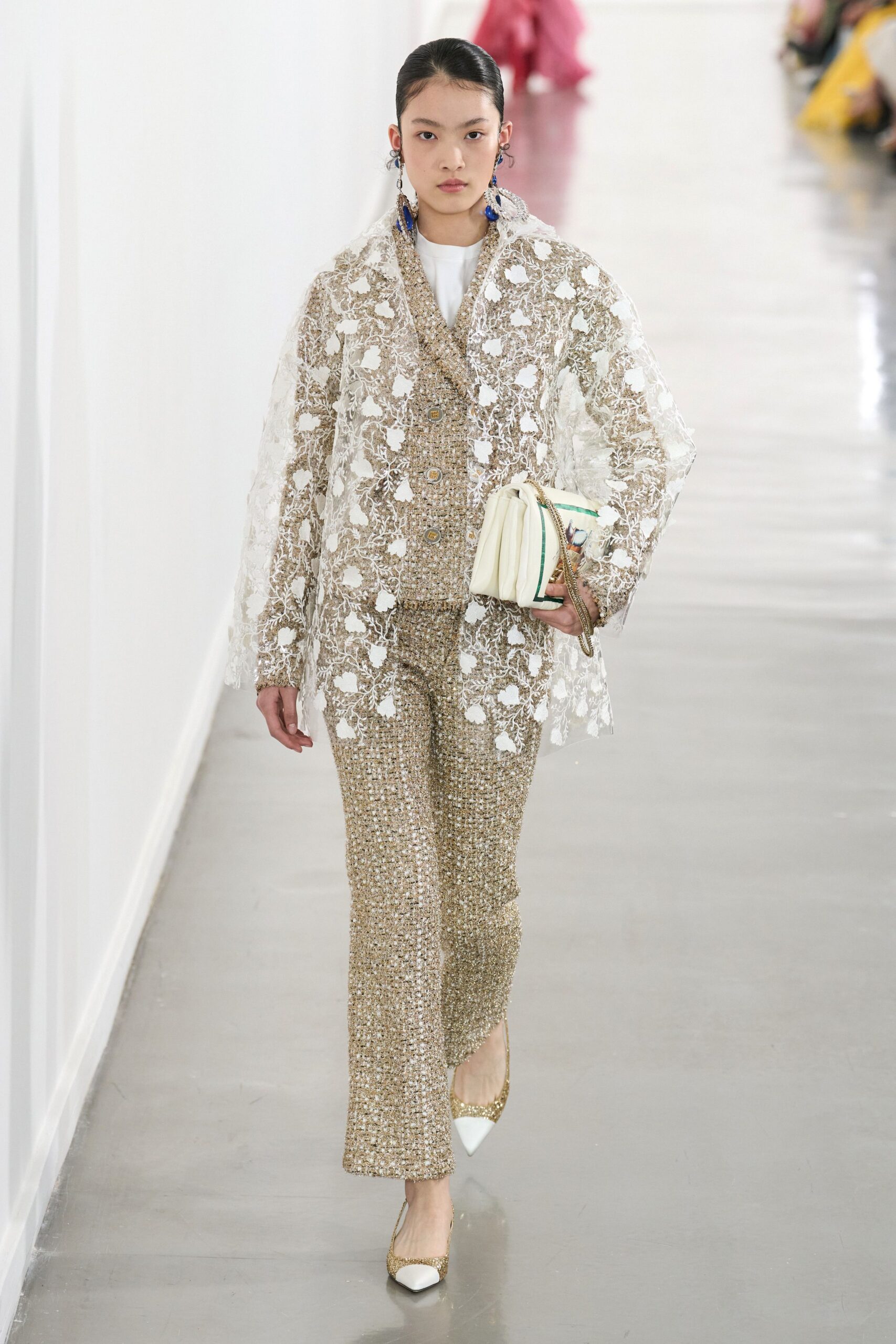 gold silk long-sleeve collared fitted embroidered layered jacket