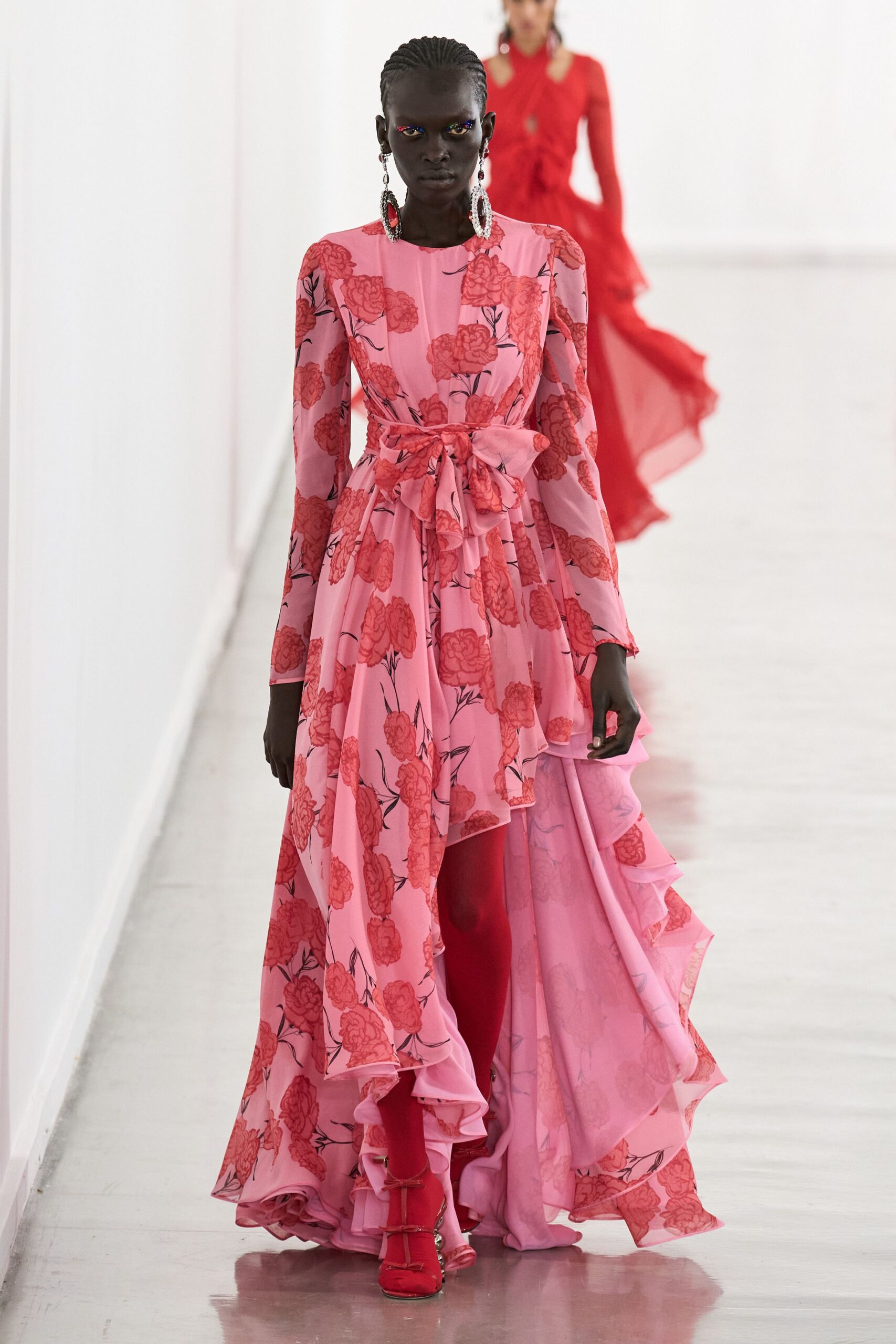 pink silk long-sleeve v-neck fitted floral flared gown