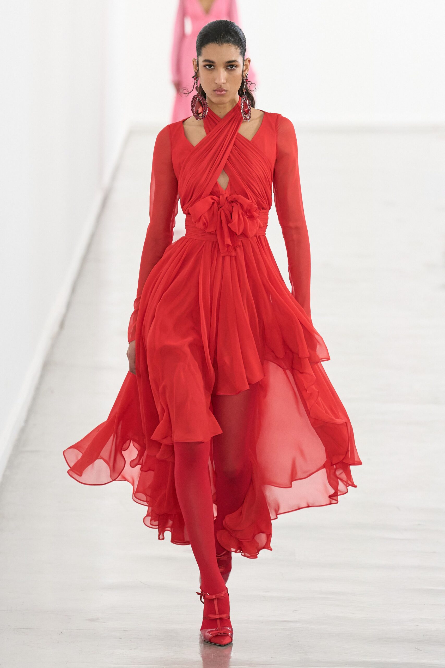 red chiffon long-sleeve v-neck fitted draped tiered dress