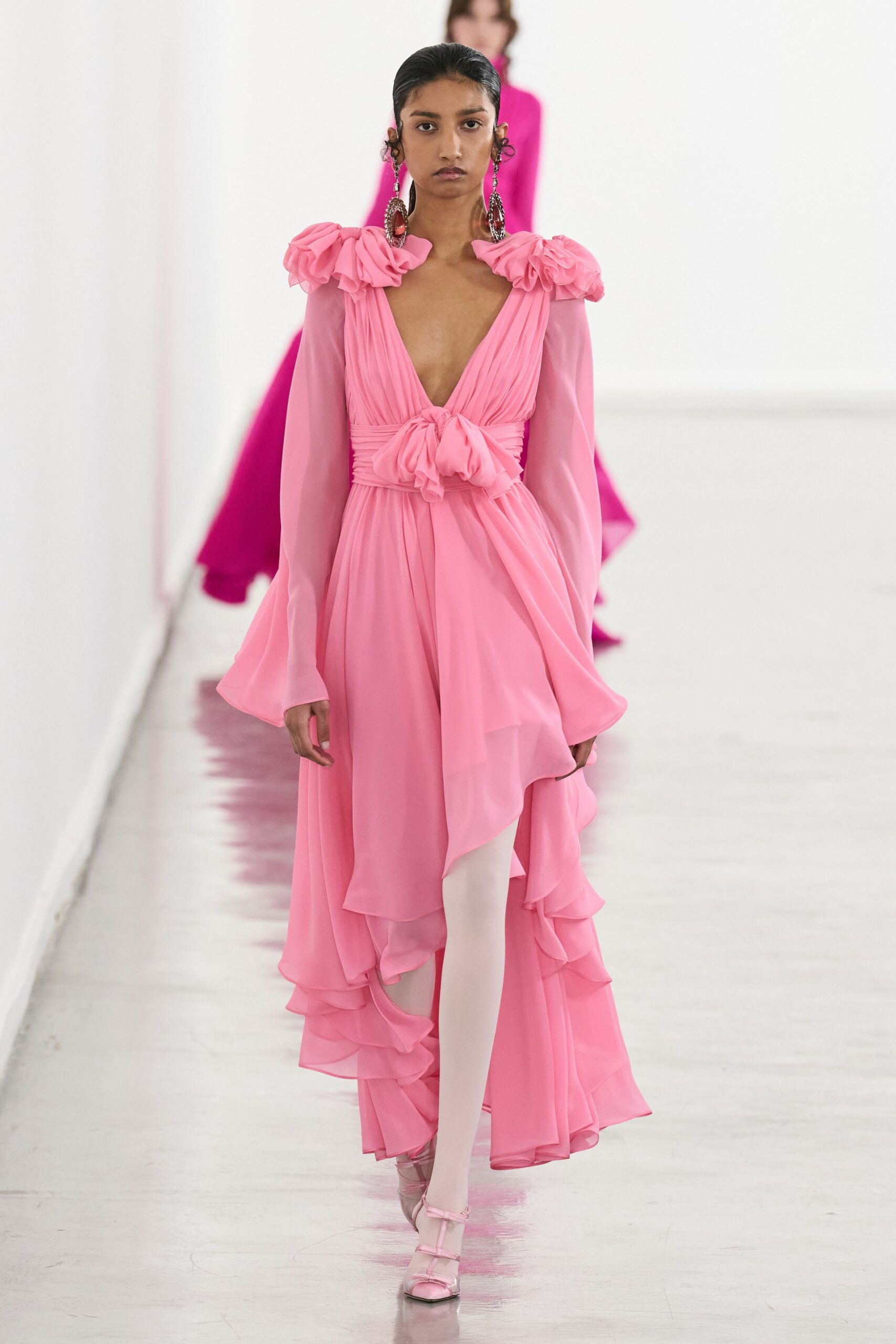 pink chiffon long-sleeve v-neck fitted ruffled tiered dress