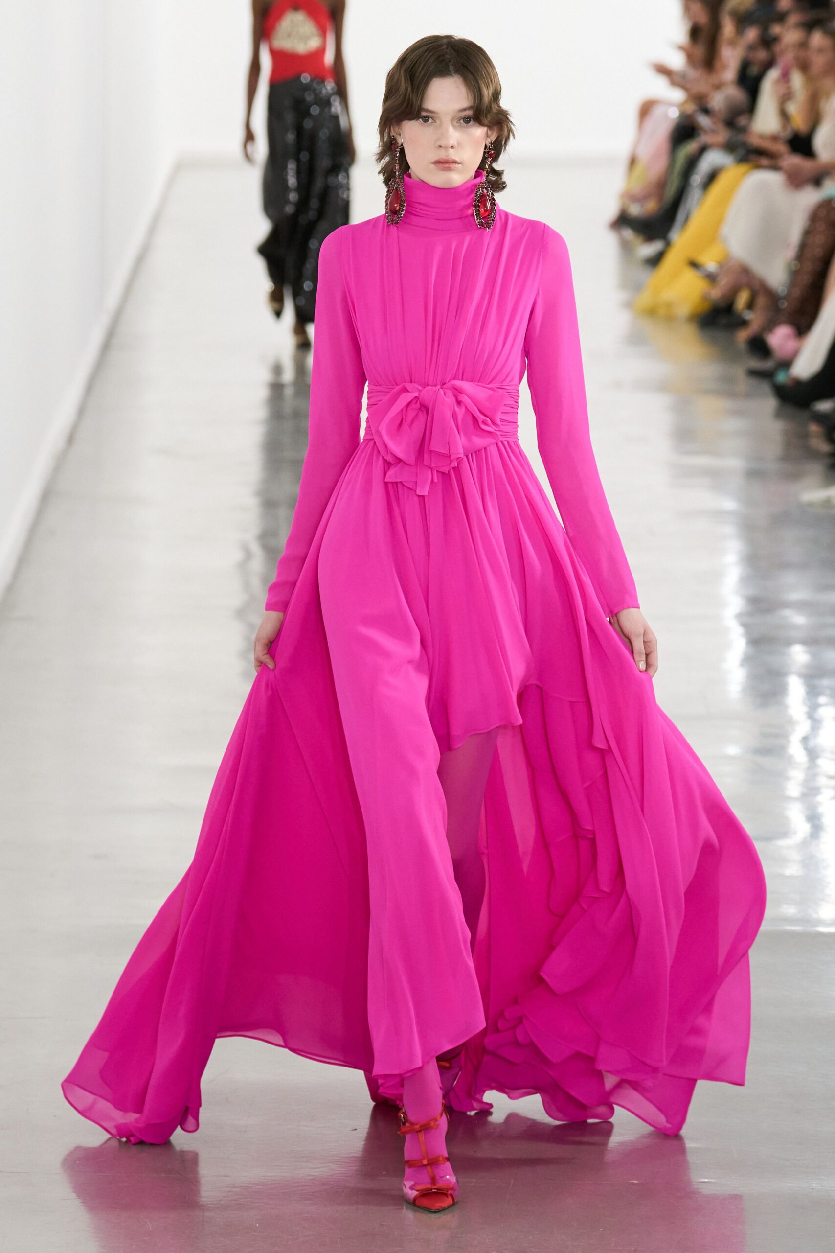 pink chiffon long-sleeve high-neck fitted draped tiered gown