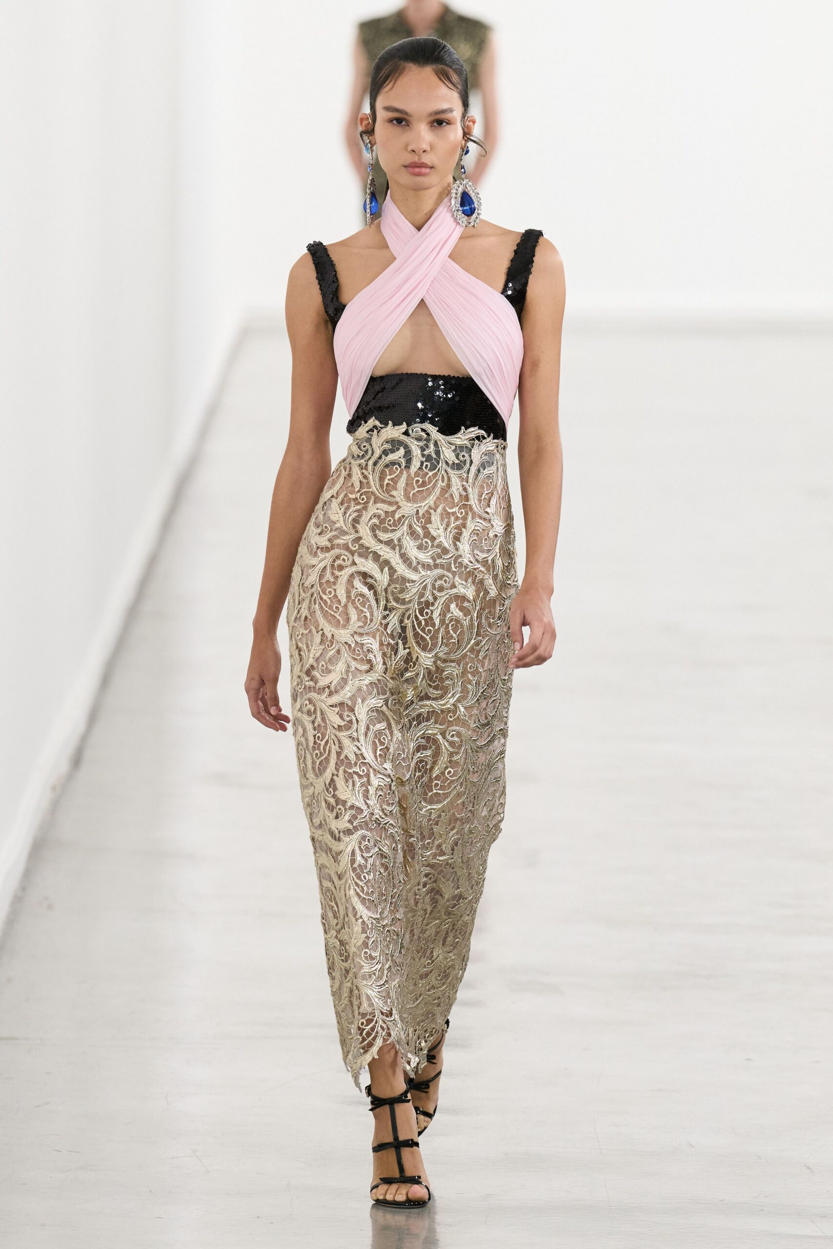 pink silk sleeveless v-neck fitted embroidered layered dress