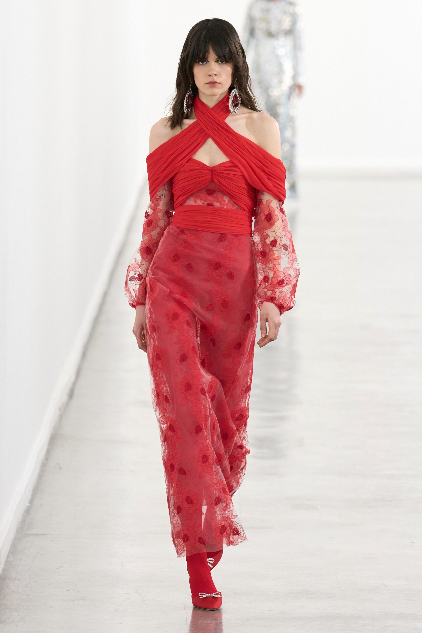 red silk sleeveless off-shoulder fitted layered flared dress