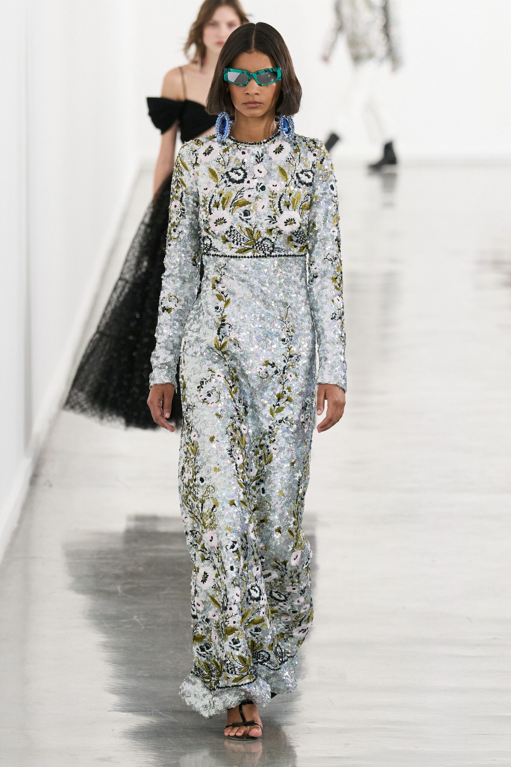 blue sequin long-sleeve high-neck fitted embroidered layered gown