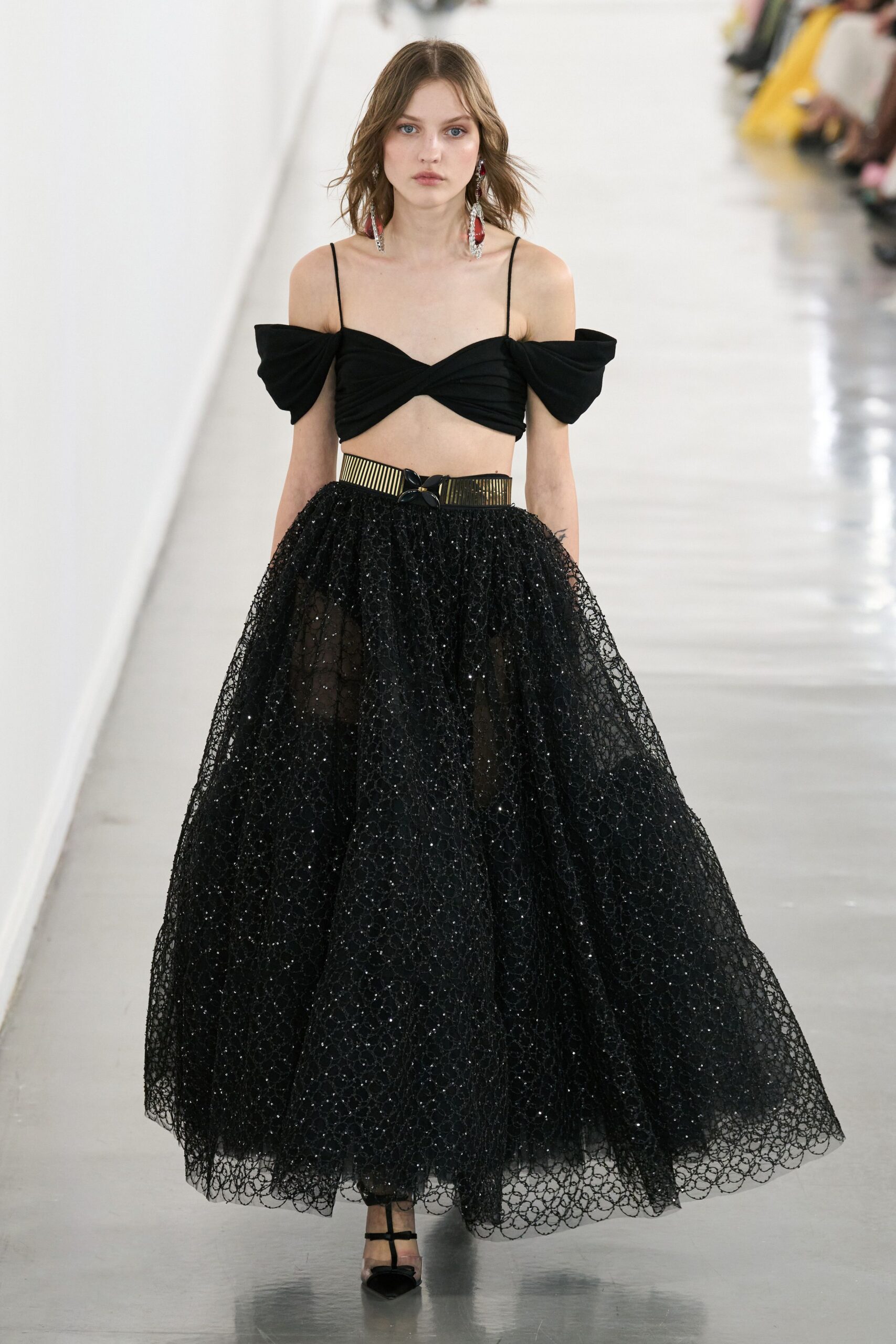 black off-shoulder top with tulle skirt