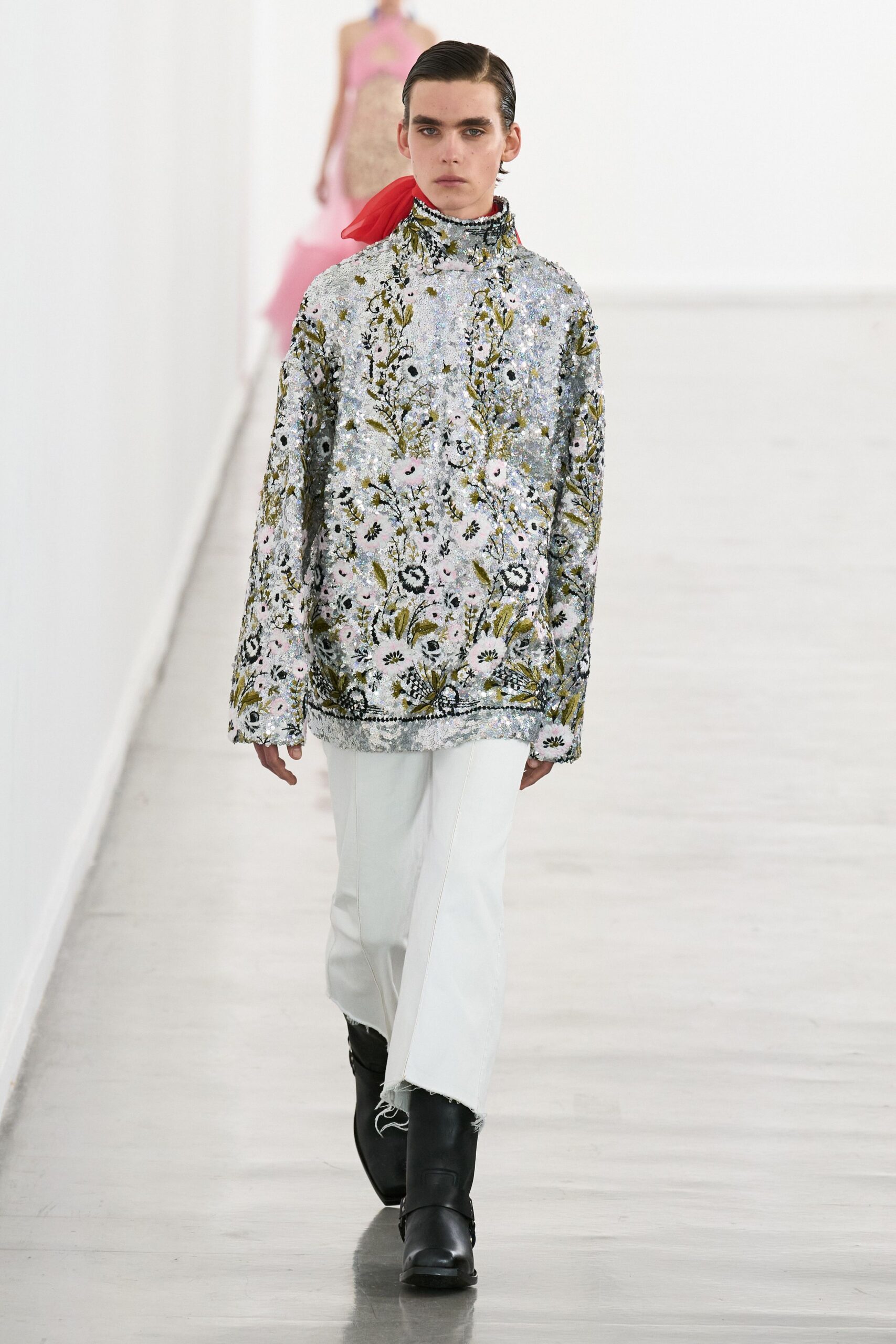 multi silk long-sleeve collared relaxed embroidered jacket