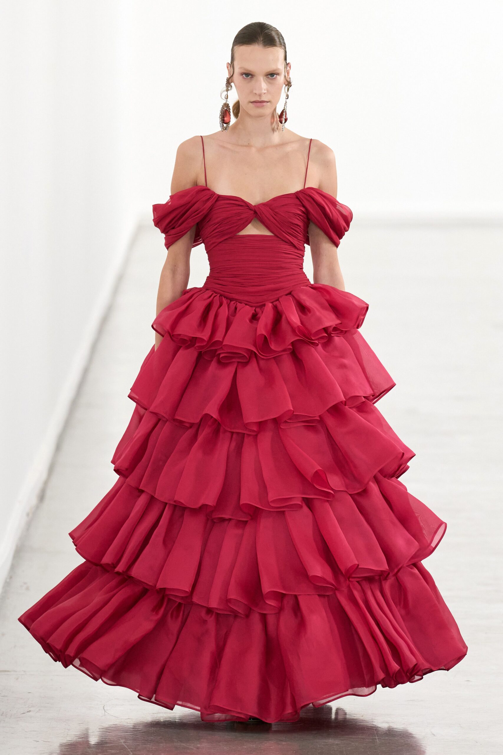 red silk off-shoulder gown