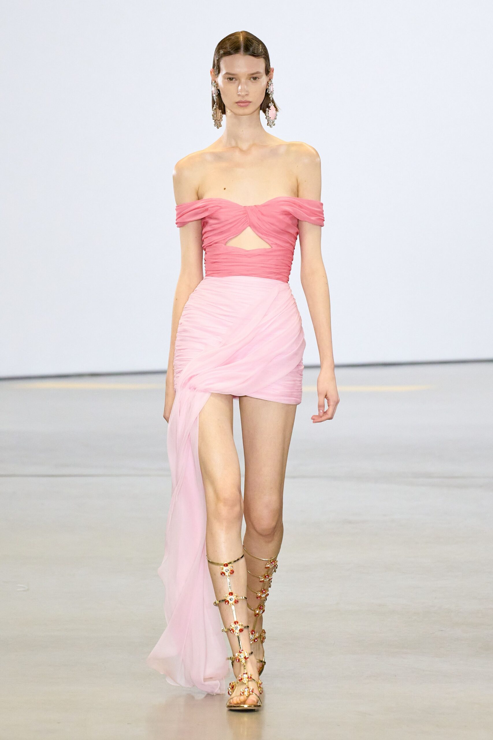 pink silk off-shoulder cutout fitted ruched tiered dress