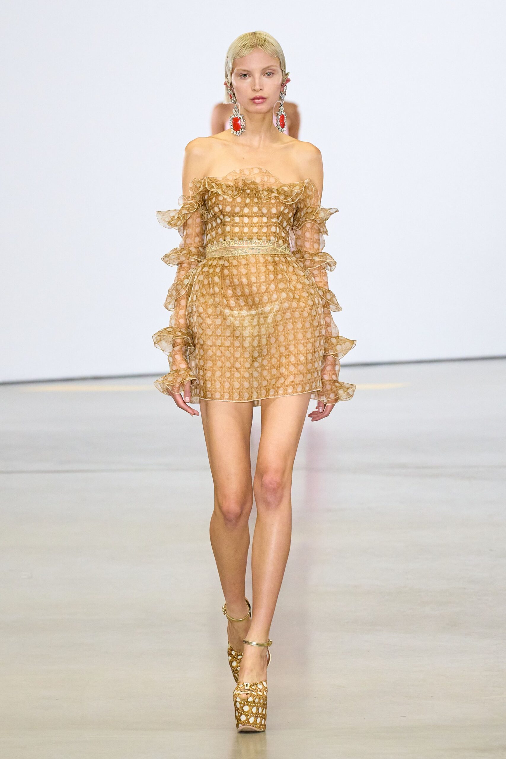 gold silk sleeveless off-shoulder fitted ruffled embellished dress