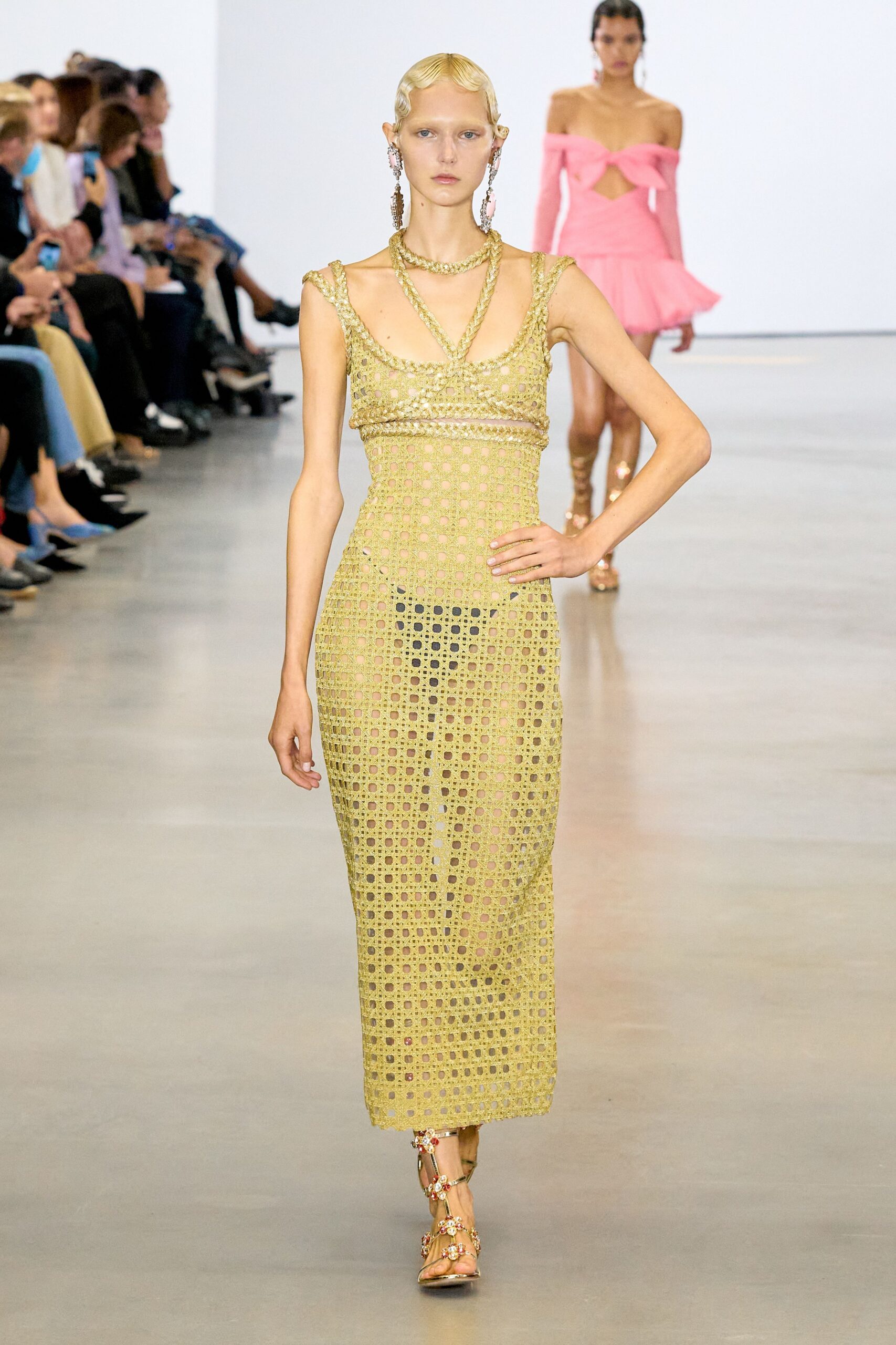 yellow mesh sleeveless v-neck fitted layered midi dress