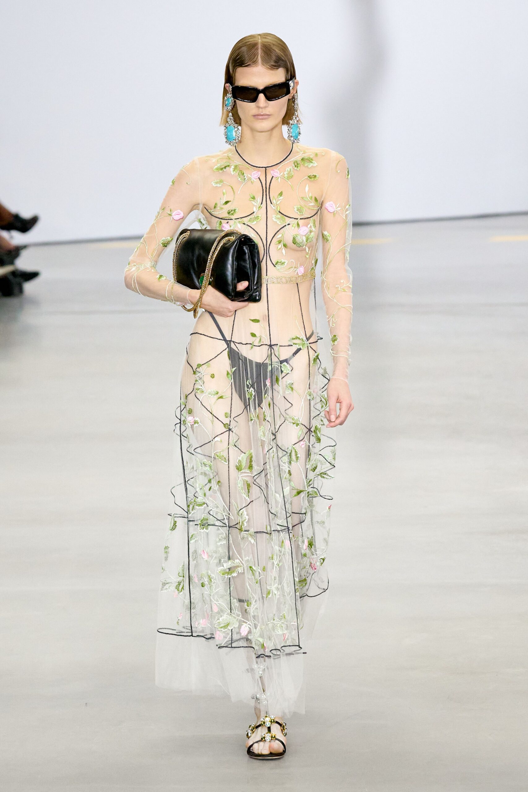 clear tulle sleeveless v-neck fitted embroidered layered dress