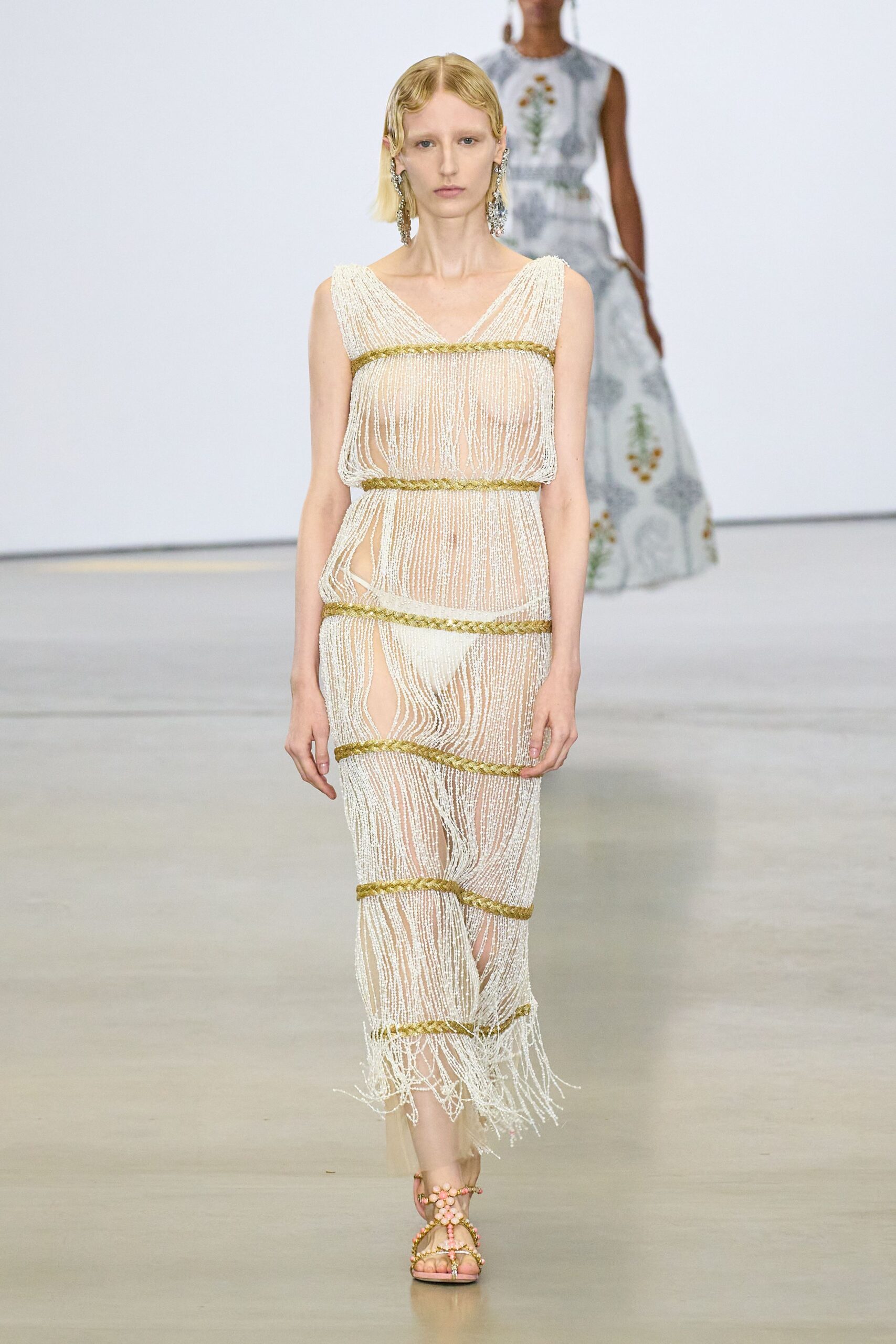 white silk sleeveless v-neck fitted fringed sheer dress