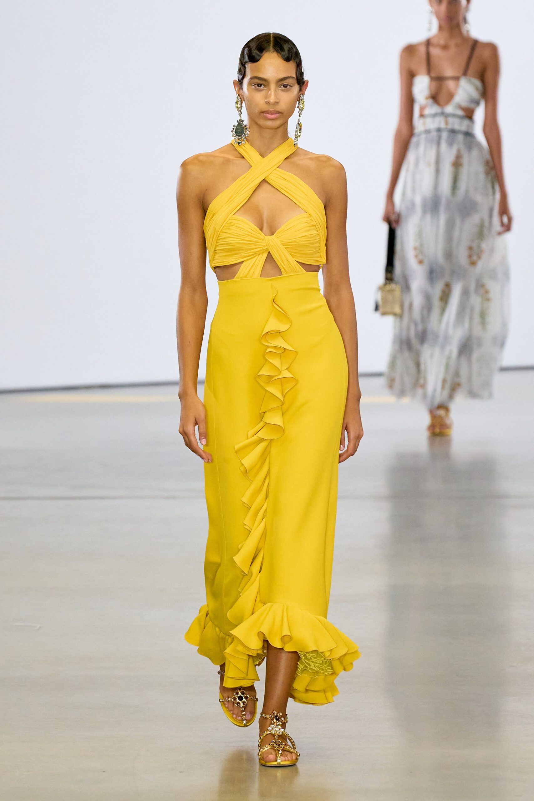 yellow cotton sleeveless v-neck fitted ruffled midi dress